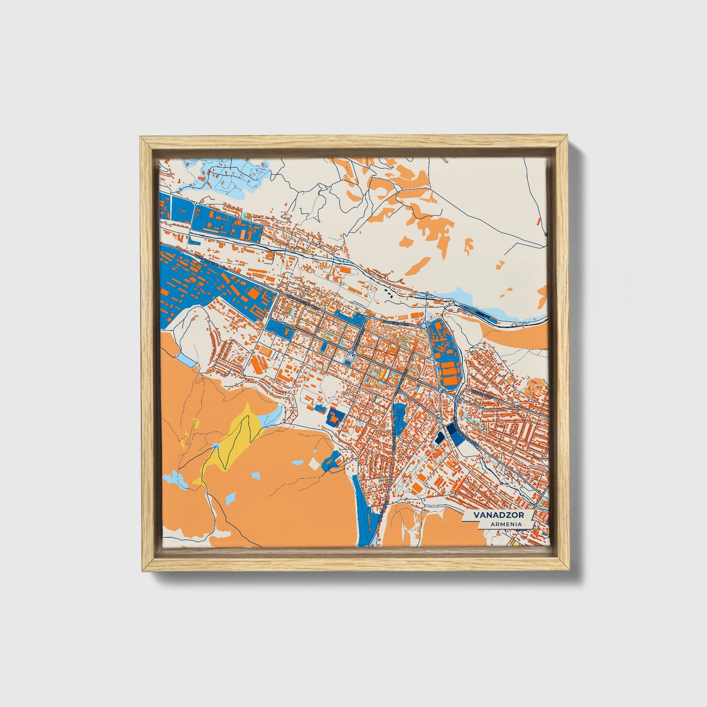 Vanadzor Armenia Colorful City Map Canvas Print • Natural Wooden Framed