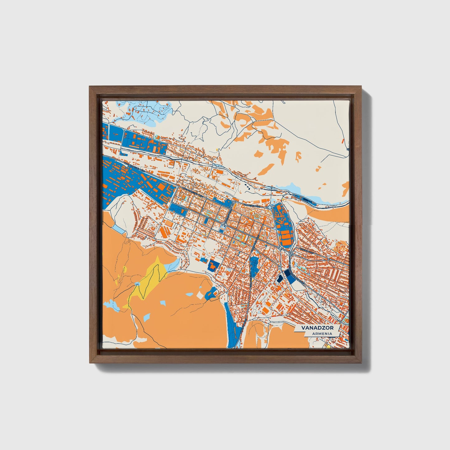 Vanadzor Armenia Colorful City Map Canvas Print • Dark Wooden Framed