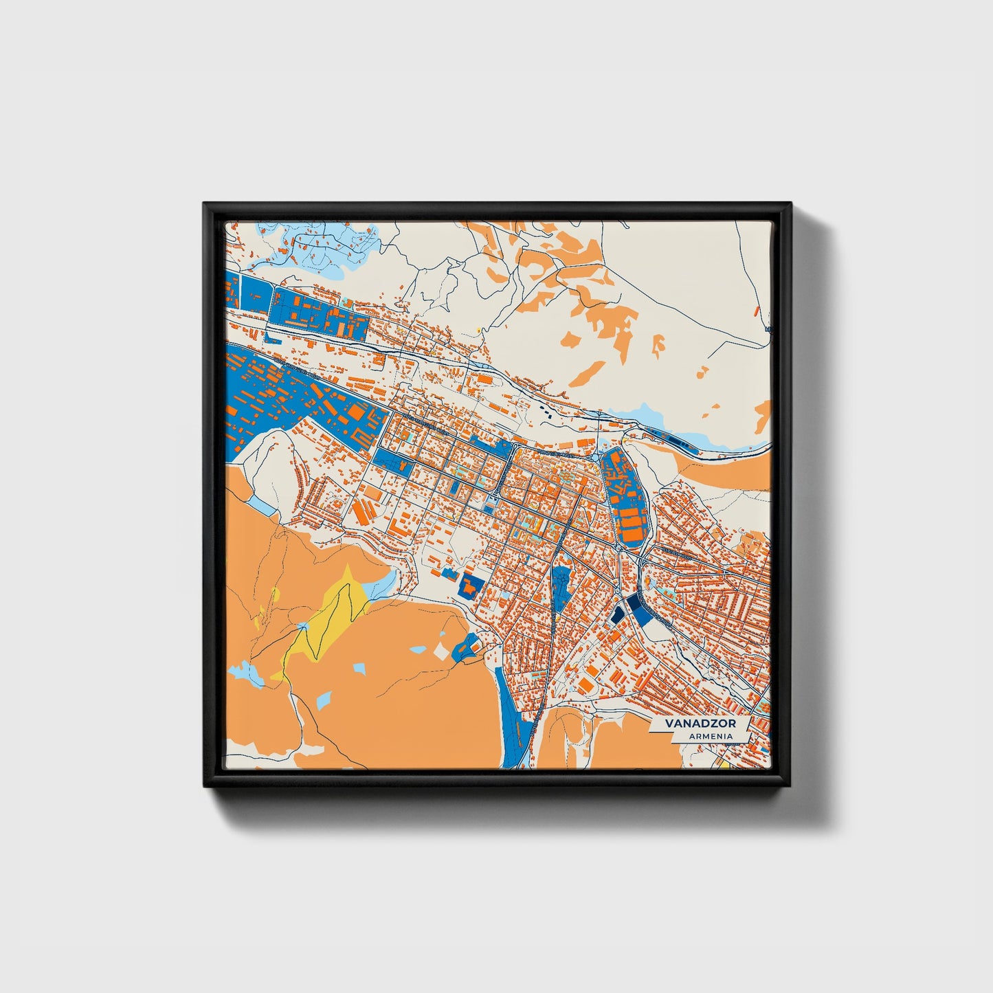 Vanadzor Armenia Colorful City Map Canvas Print • Black Framed