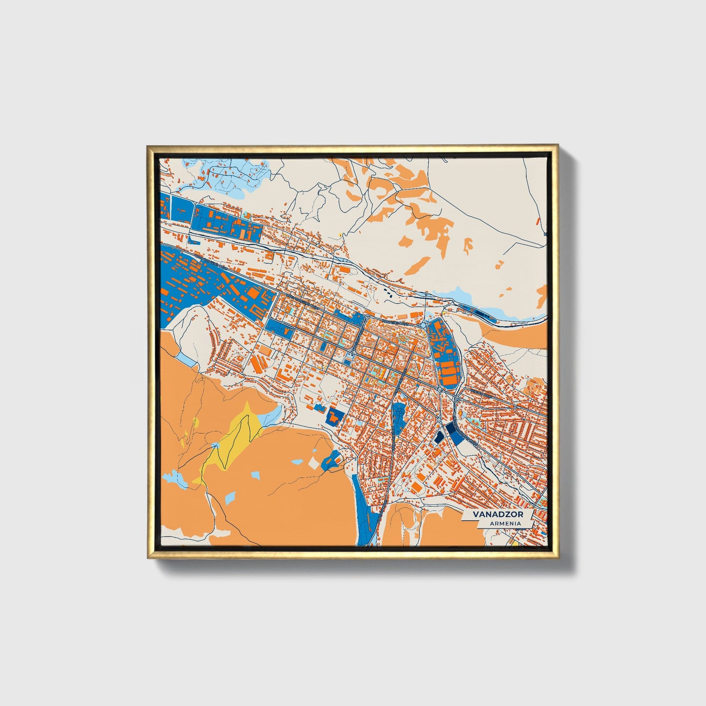 Vanadzor Armenia Colorful City Map Canvas Print • Gold Framed