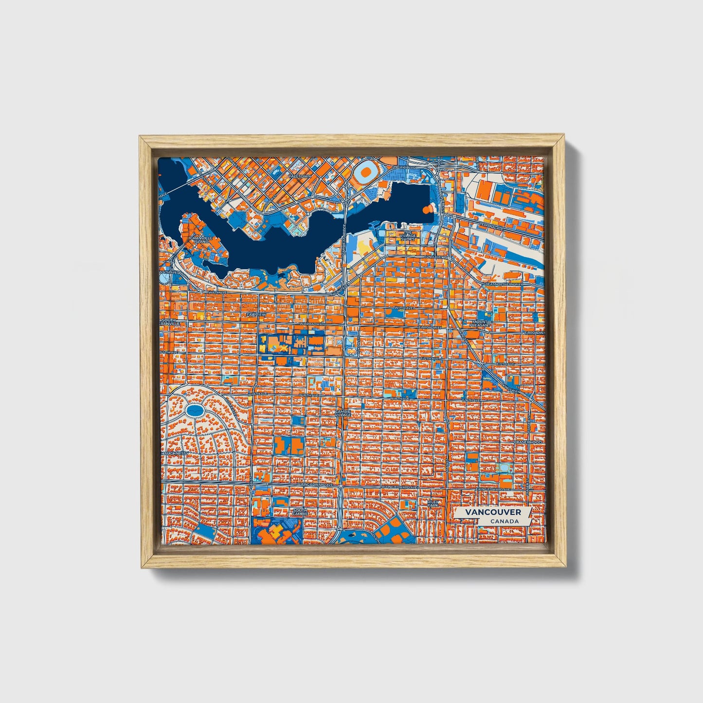 Vancouver Canada Colorful City Map Canvas Print • Natural Wooden Framed