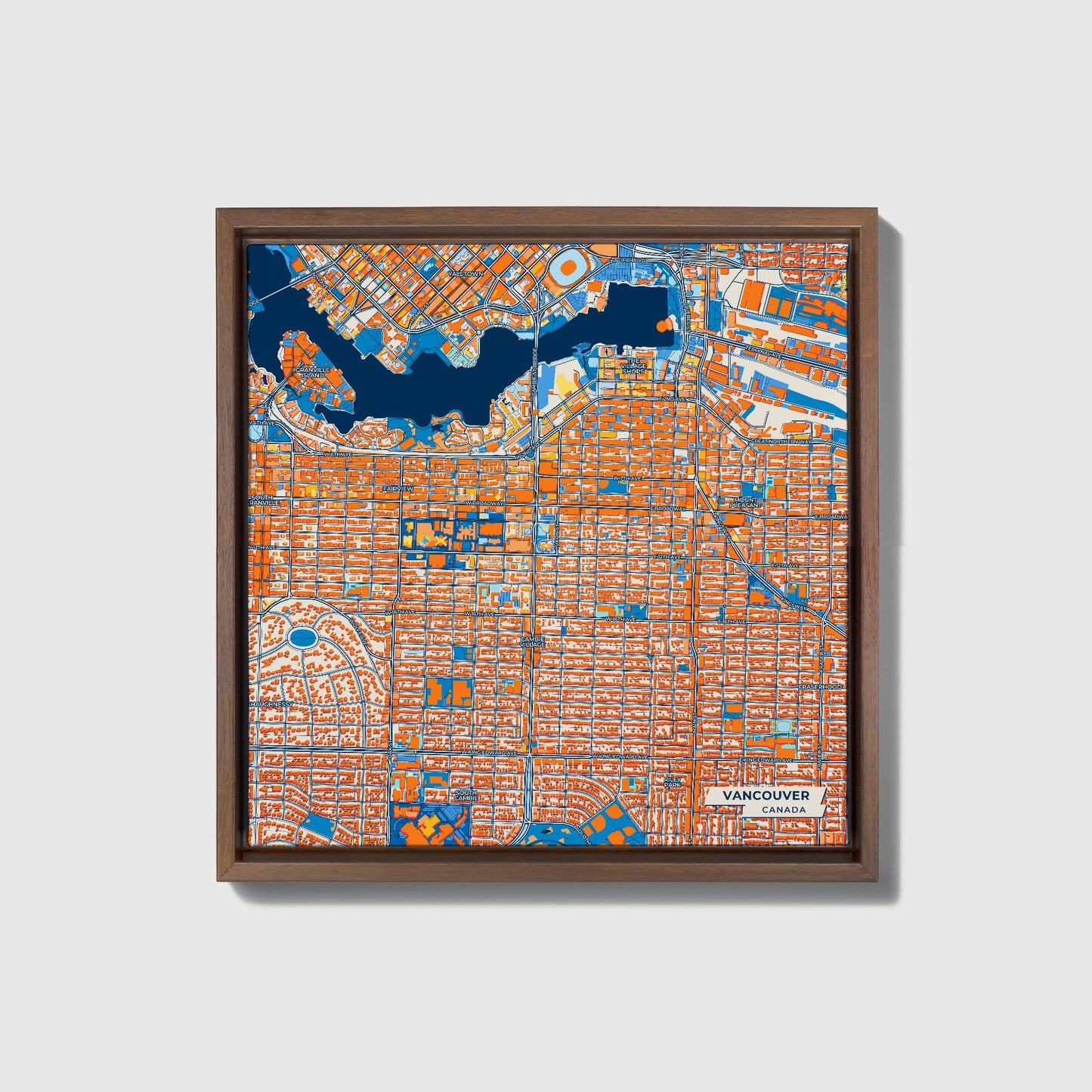 Vancouver Canada Colorful City Map Canvas Print • Dark Wooden Framed