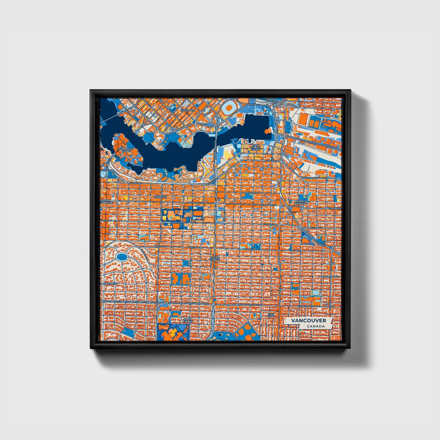 Vancouver Canada Colorful City Map Canvas Print • Black Framed