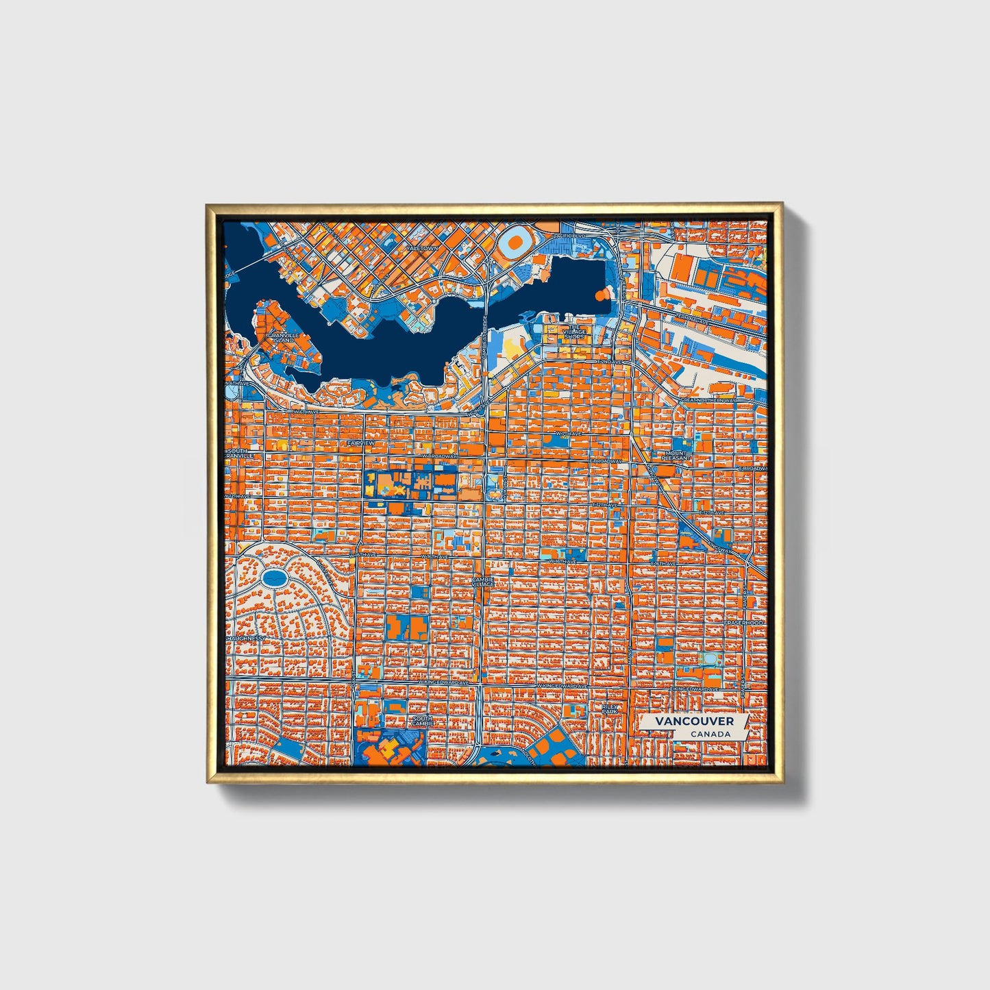 Vancouver Canada Colorful City Map Canvas Print • Gold Framed