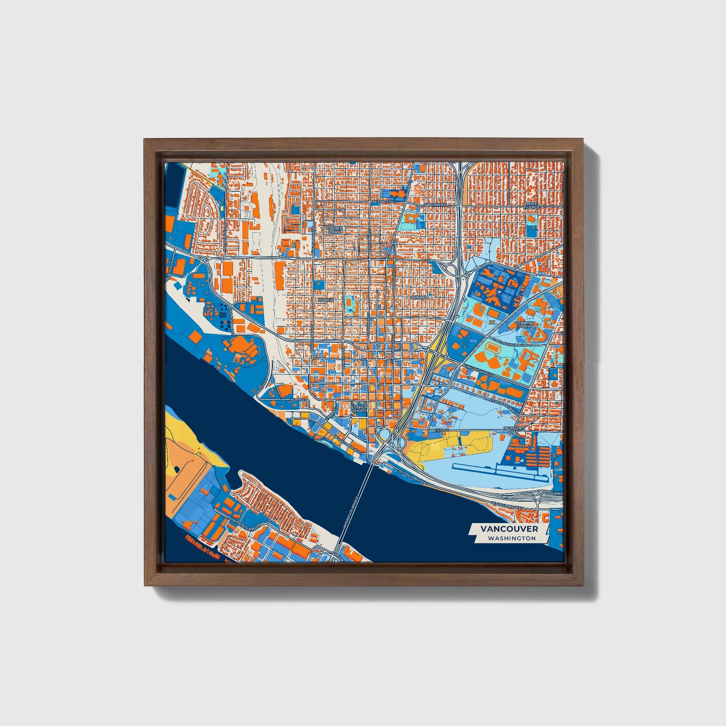 Vancouver Washington Colorful City Map Canvas Print • Dark Wooden Framed