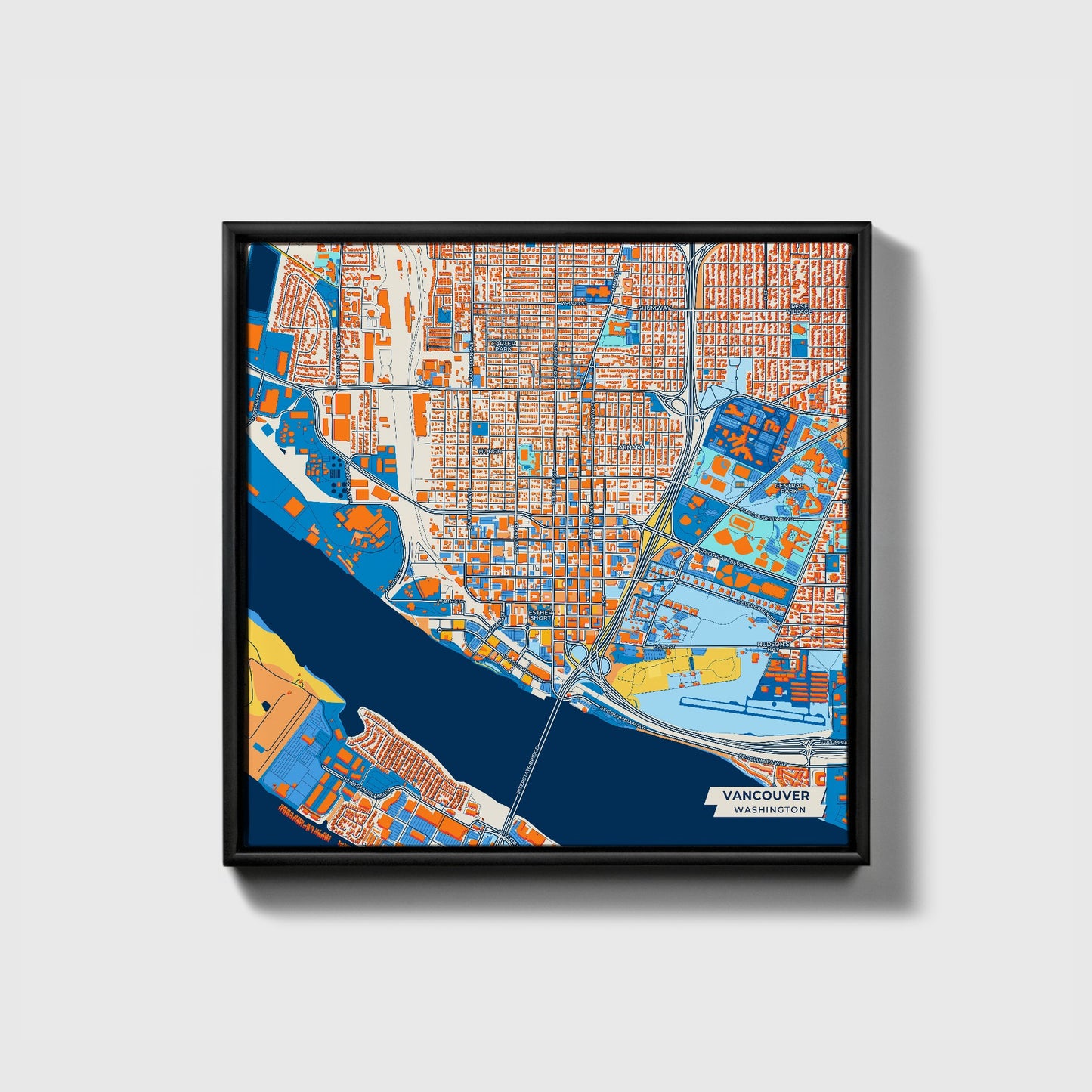 Vancouver Washington Colorful City Map Canvas Print • Black Framed