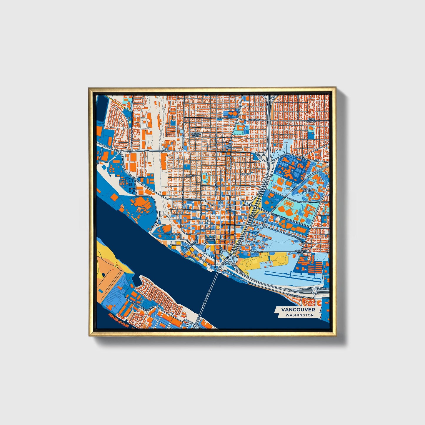Vancouver Washington Colorful City Map Canvas Print • Gold Framed