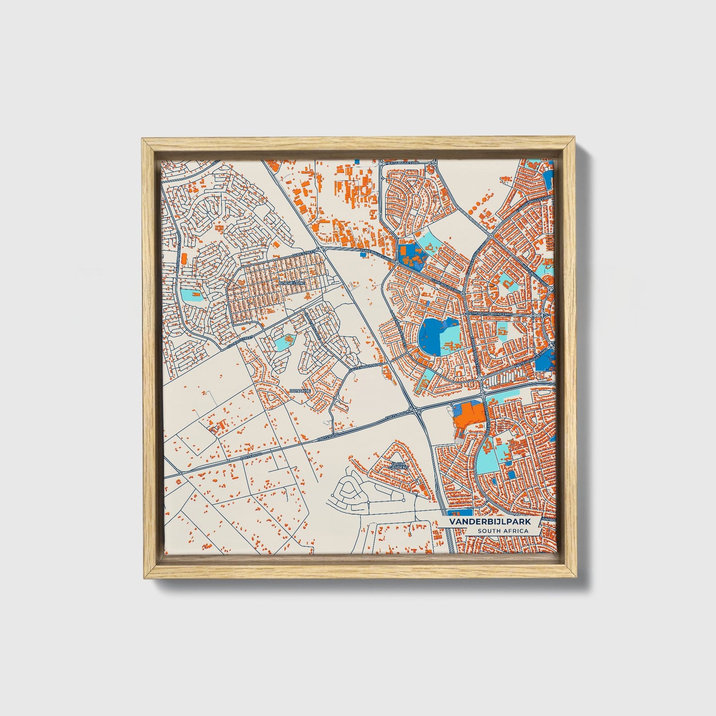 Vanderbijlpark South Africa Colorful City Map Canvas Print • Natural Wooden Framed