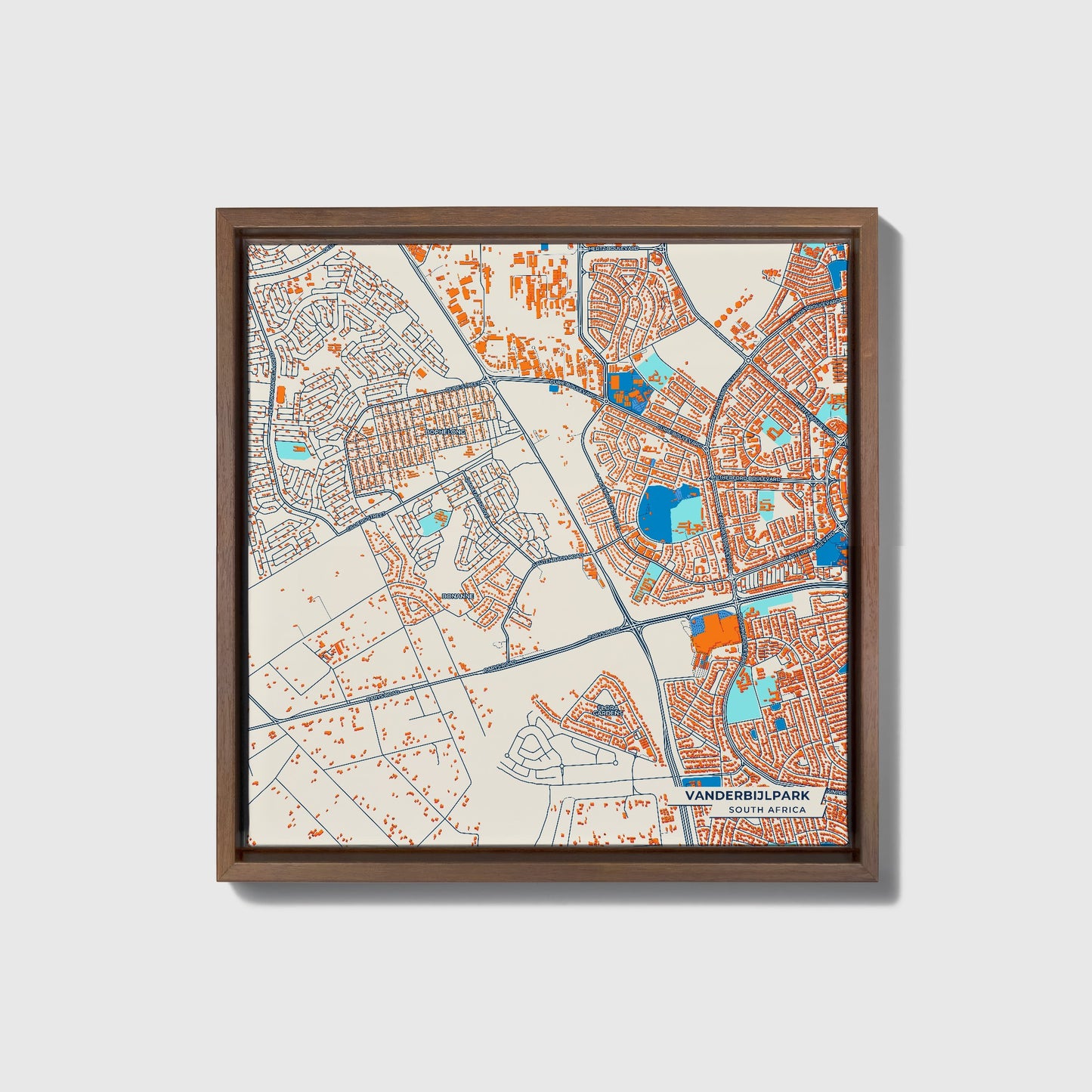 Vanderbijlpark South Africa Colorful City Map Canvas Print • Dark Wooden Framed