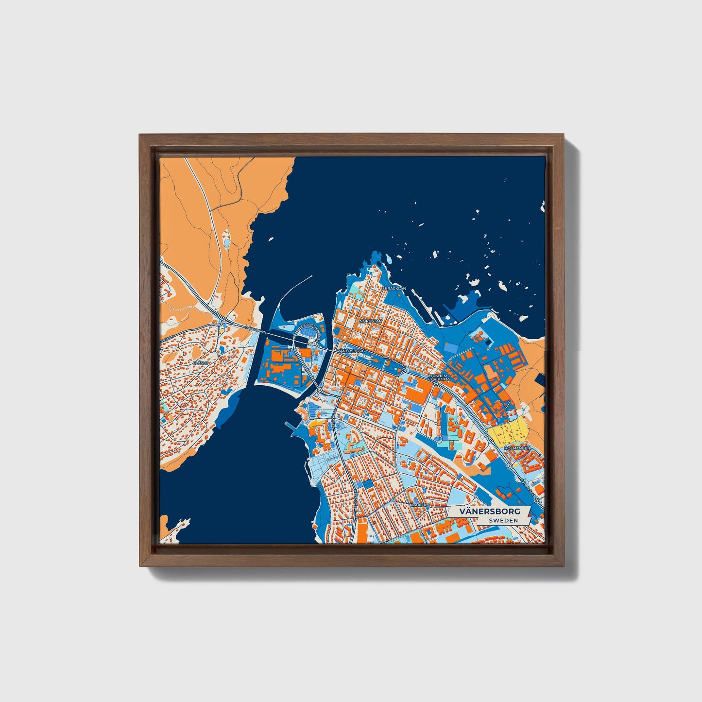 Vänersborg Sweden Colorful City Map Canvas Print • Dark Wooden Framed