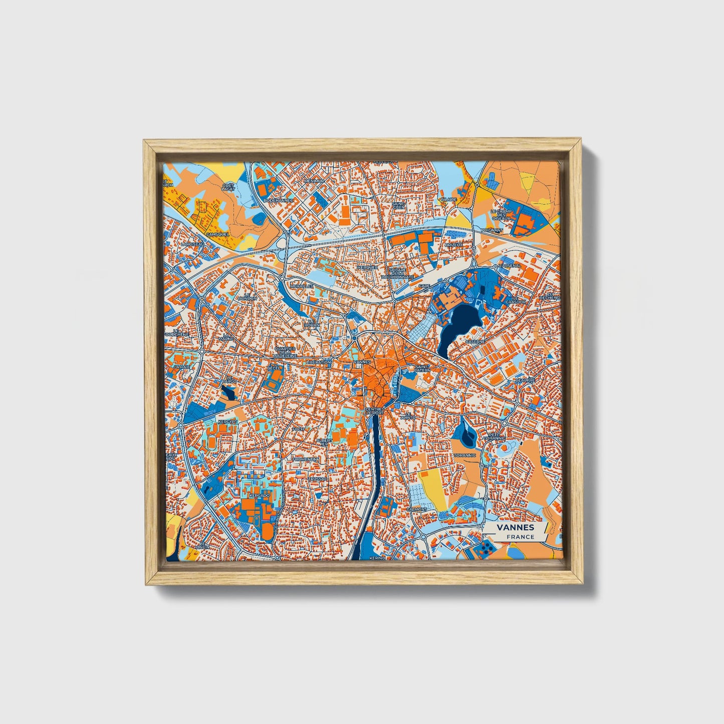 Vannes France Colorful City Map Canvas Print • Natural Wooden Framed