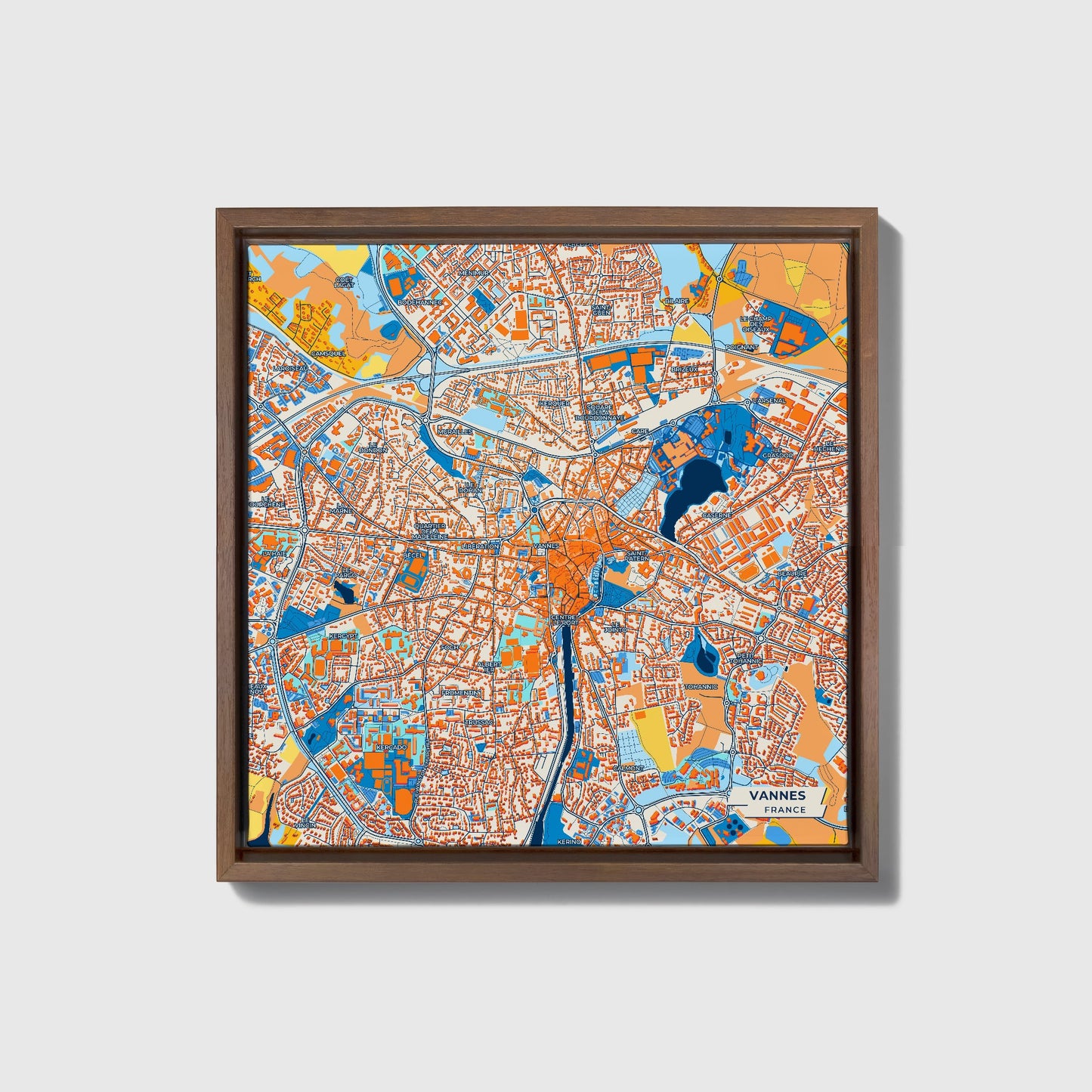 Vannes France Colorful City Map Canvas Print • Dark Wooden Framed
