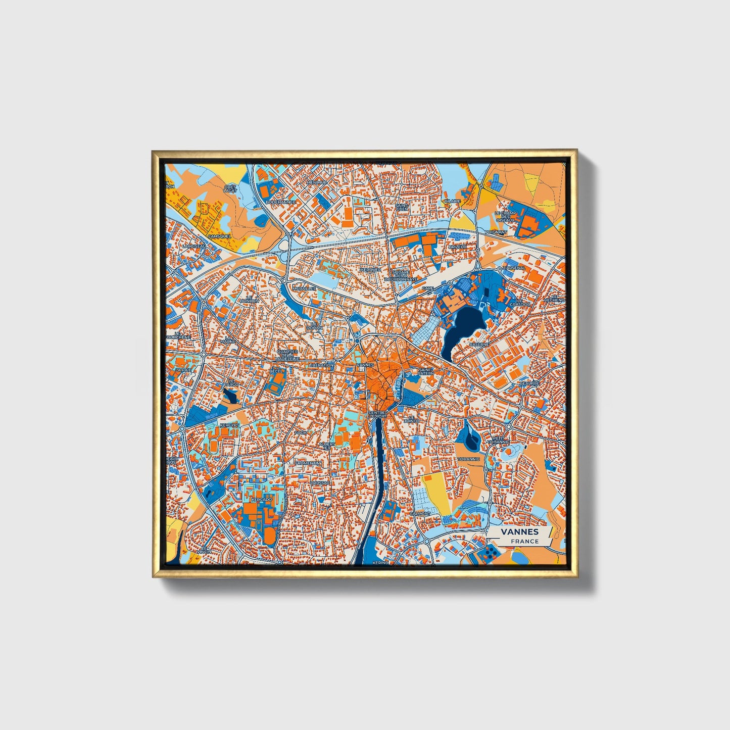 Vannes France Colorful City Map Canvas Print • Gold Framed