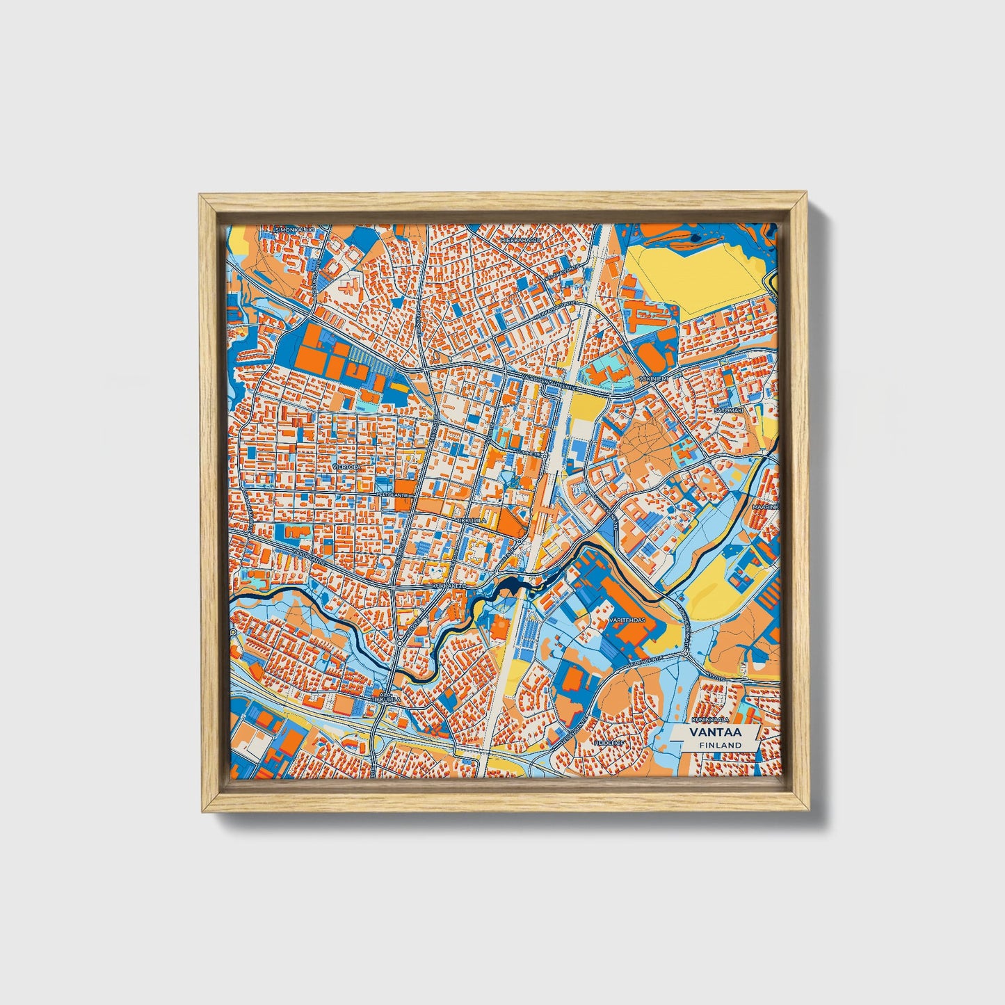 Vantaa Finland Colorful City Map Canvas Print • Natural Wooden Framed