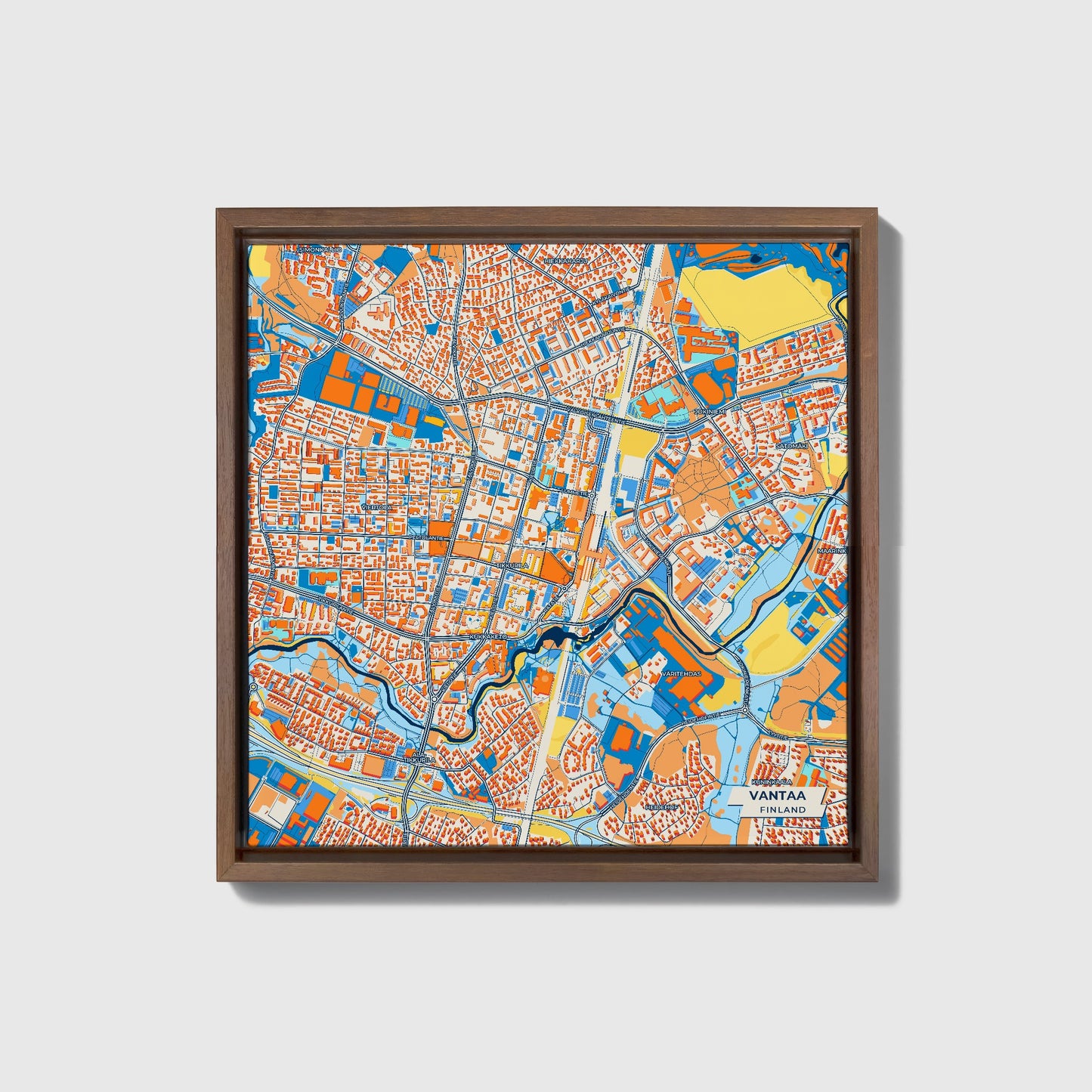 Vantaa Finland Colorful City Map Canvas Print • Dark Wooden Framed