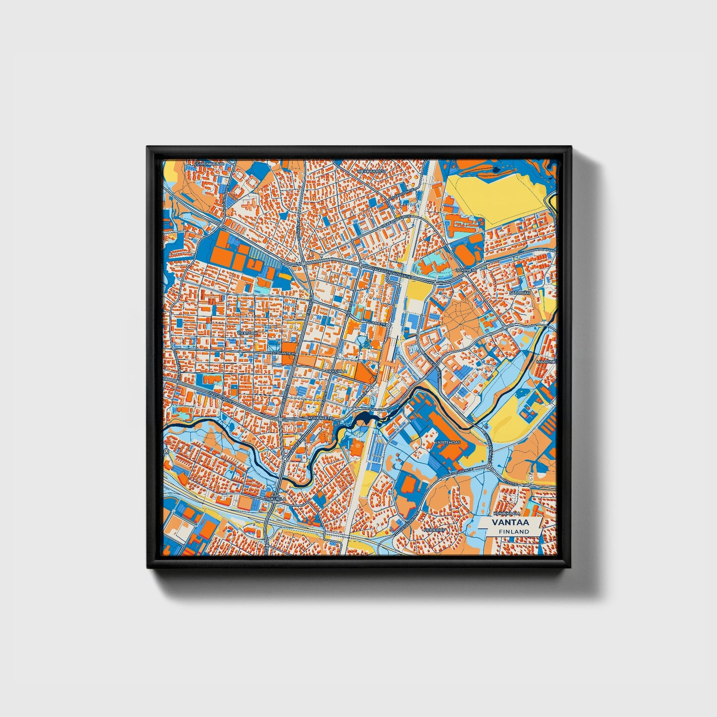 Vantaa Finland Colorful City Map Canvas Print • Black Framed