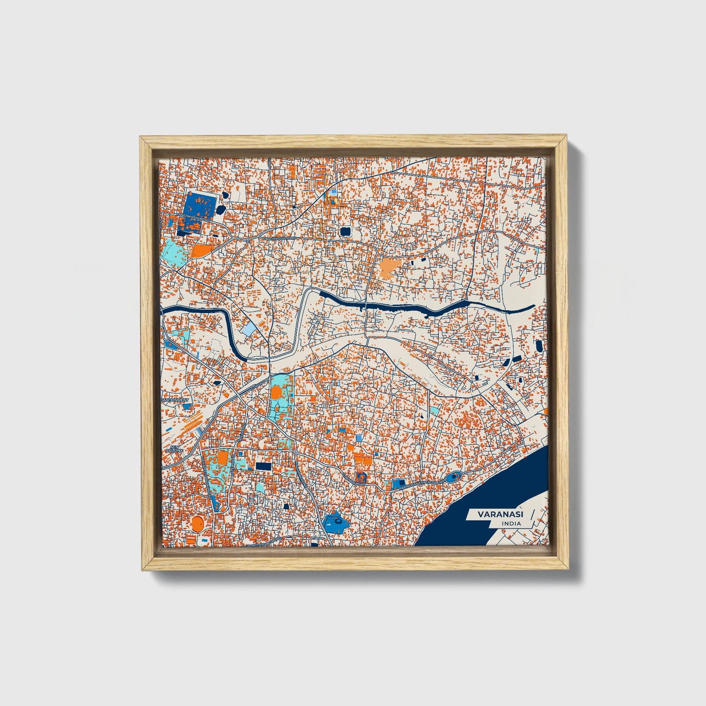 Varanasi India Colorful City Map Canvas Print • Natural Wooden Framed