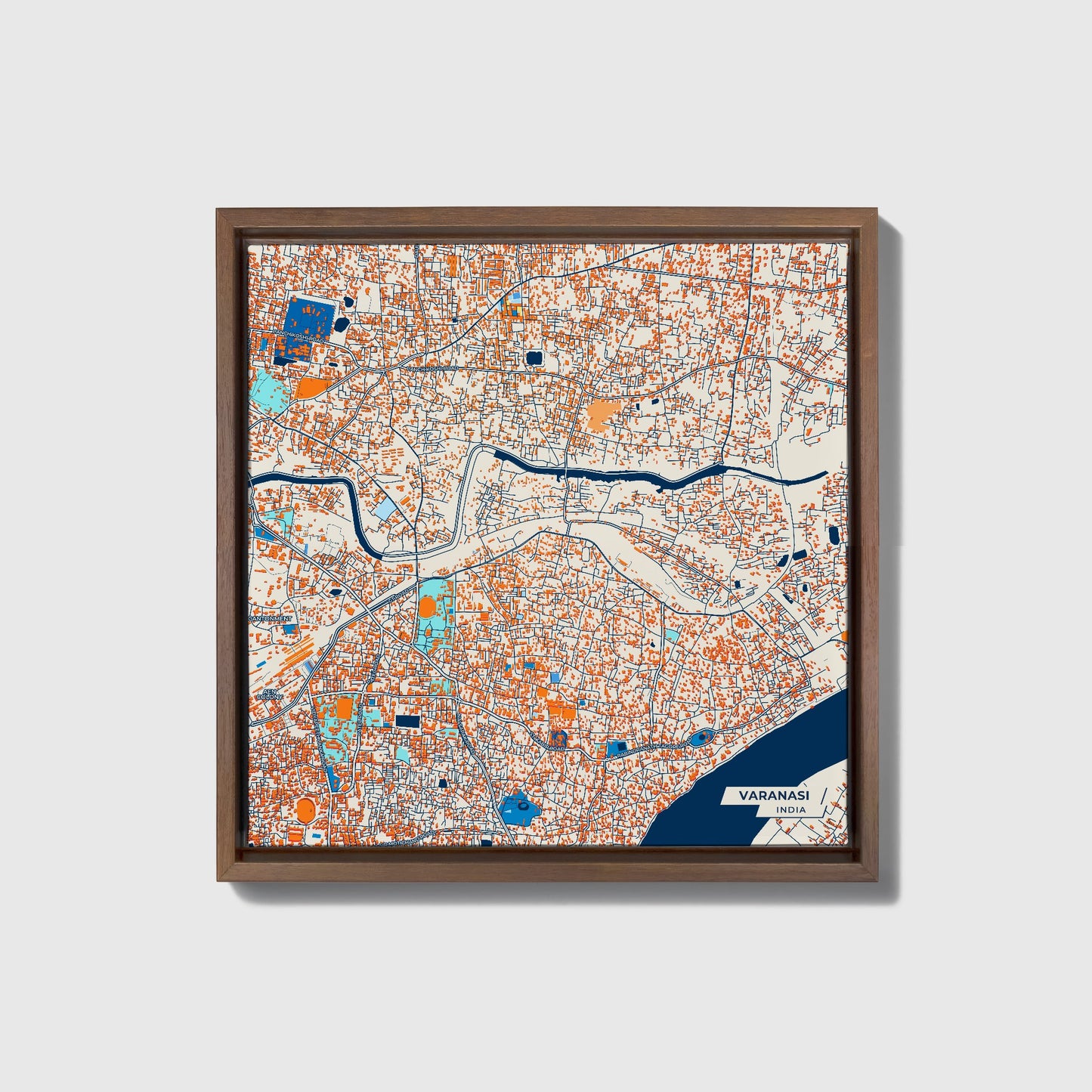 Varanasi India Colorful City Map Canvas Print • Dark Wooden Framed