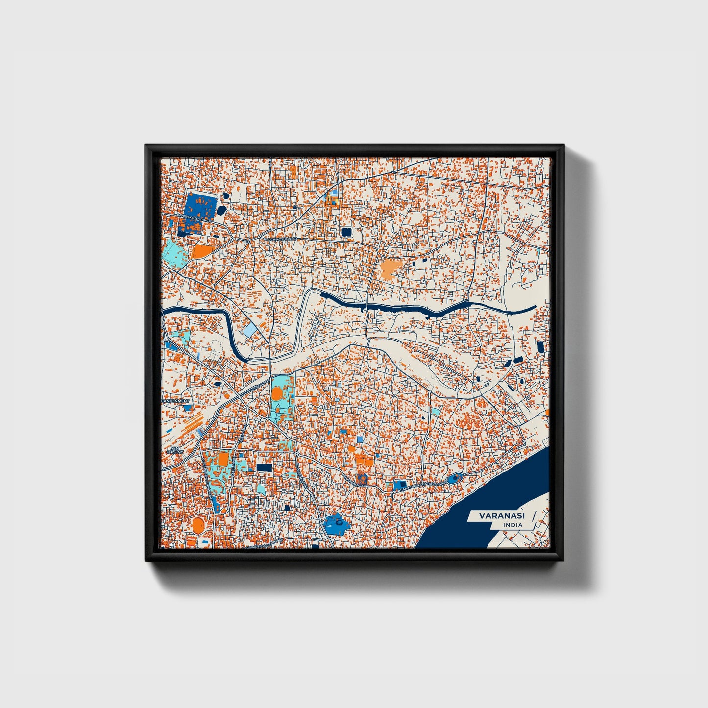 Varanasi India Colorful City Map Canvas Print • Black Framed