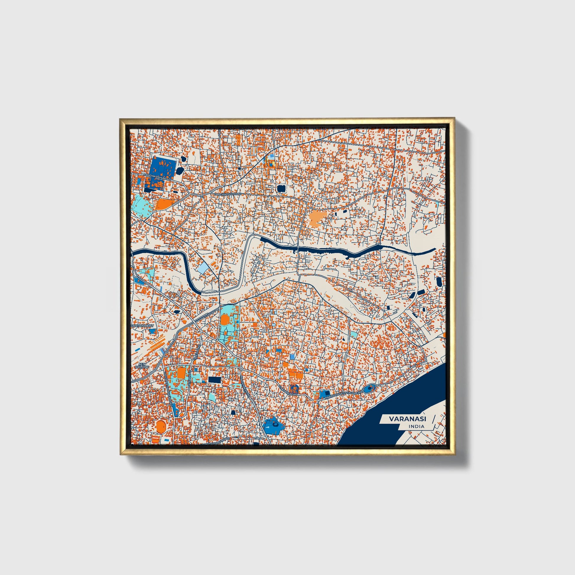 Varanasi India Colorful City Map Canvas Print • Gold Framed