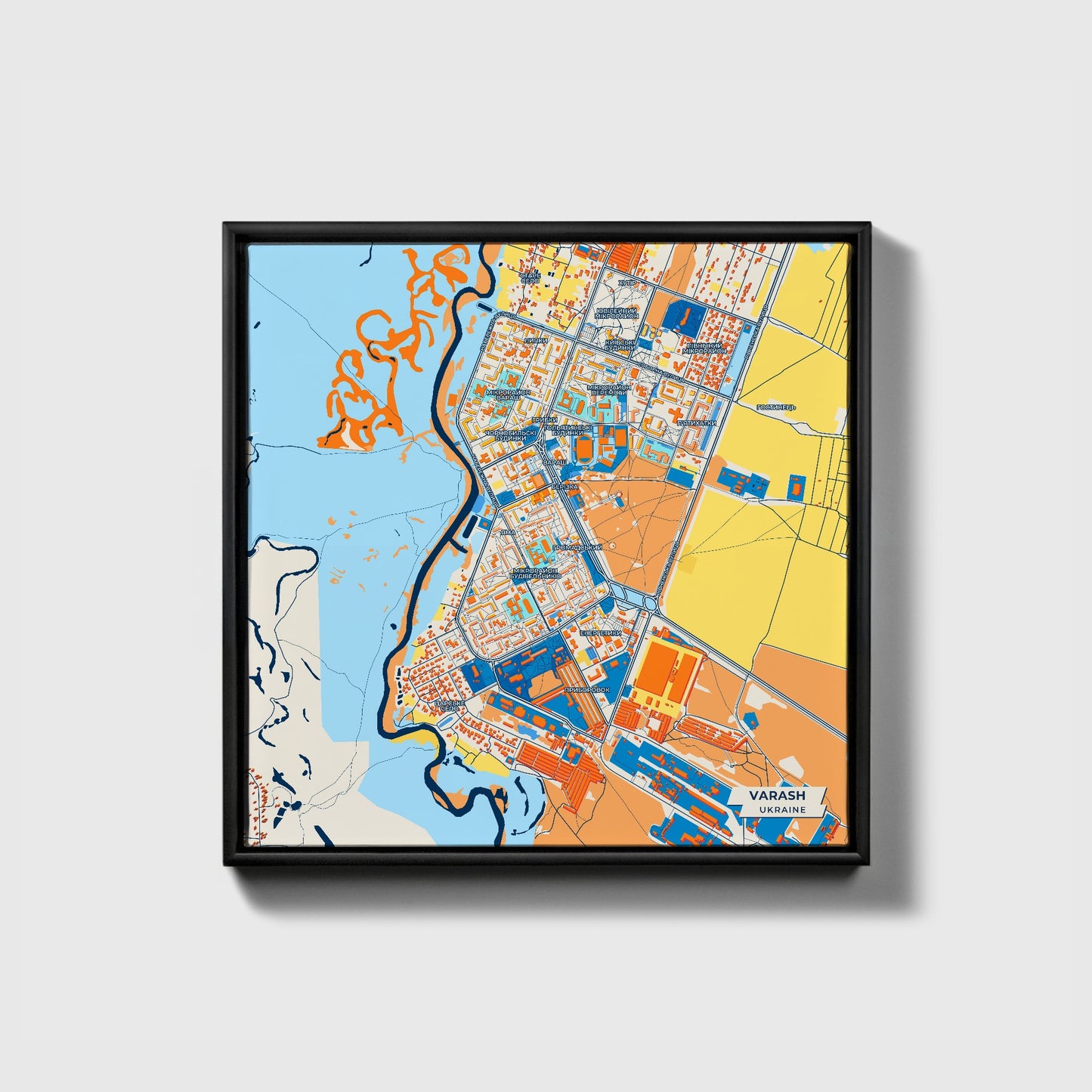 Вараш Ukraine Colorful City Map Canvas Print • Black Framed