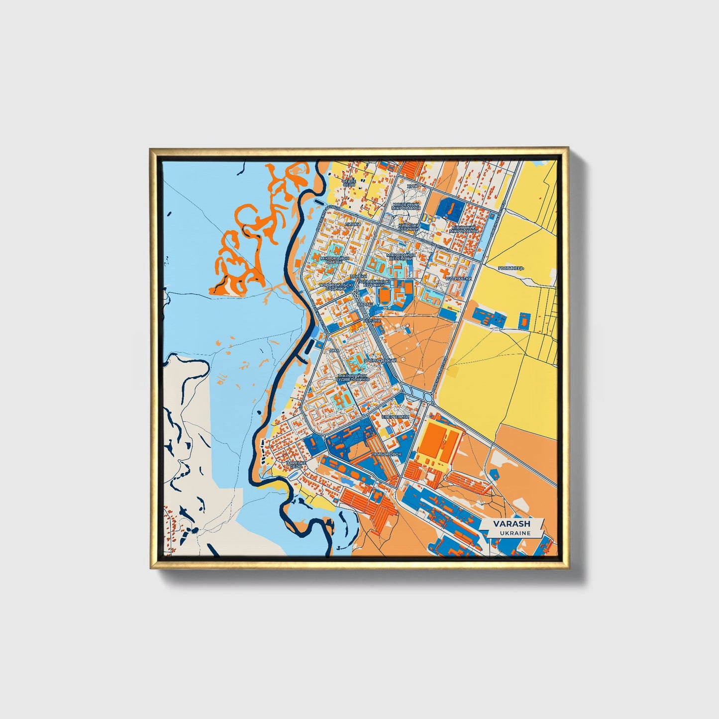 Вараш Ukraine Colorful City Map Canvas Print • Gold Framed