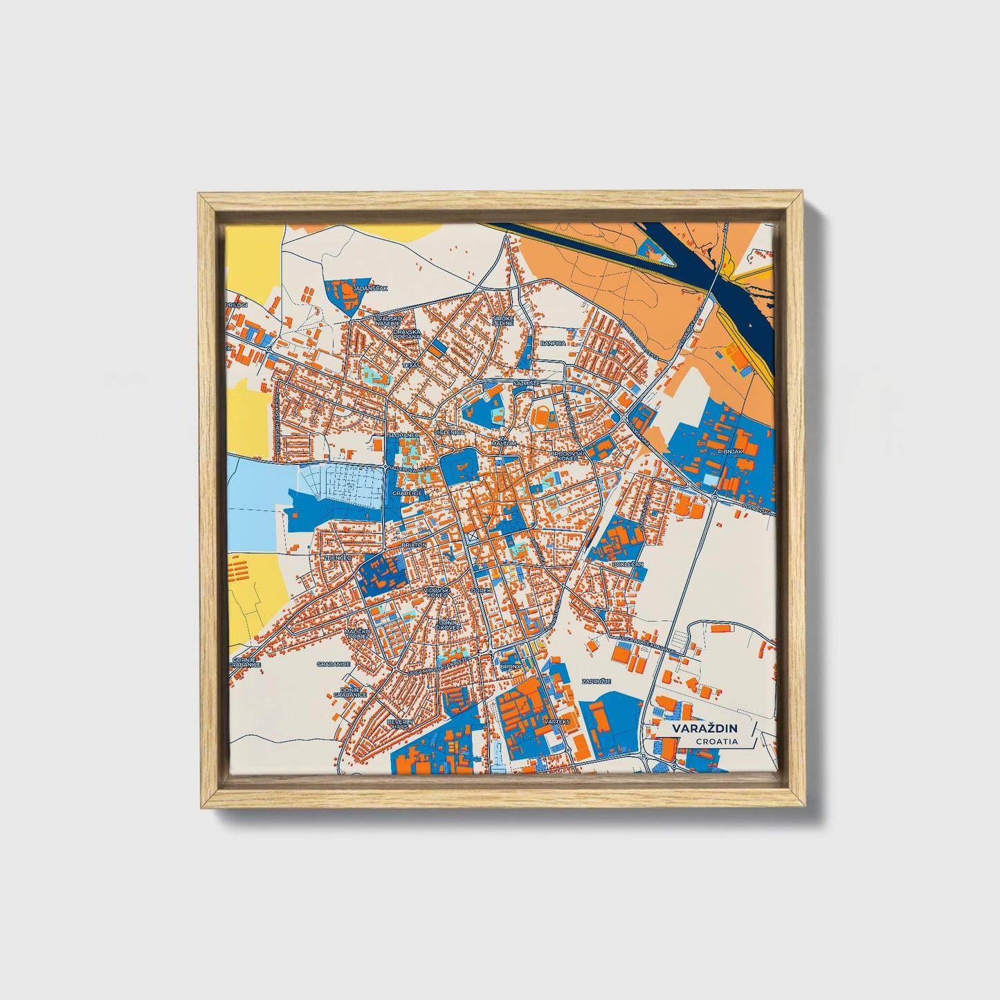 Varaždin Croatia Colorful City Map Canvas Print • Natural Wooden Framed