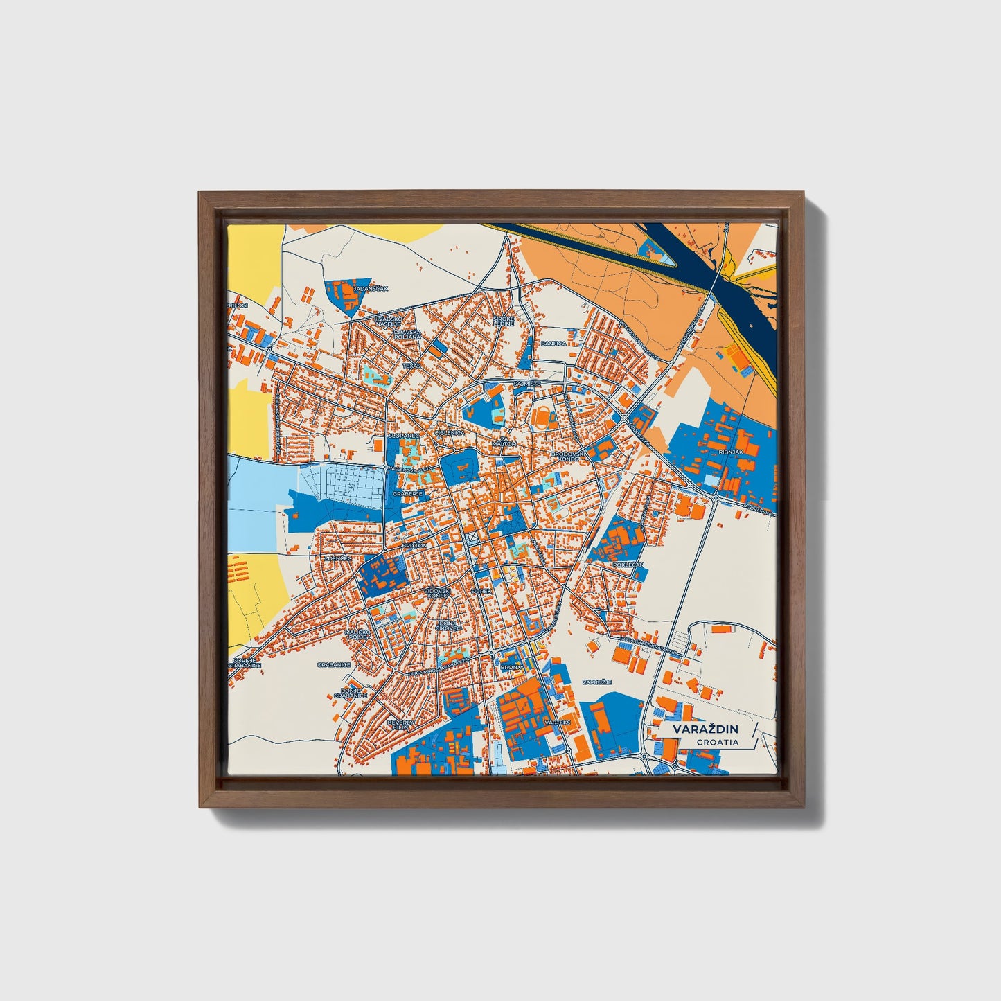 Varaždin Croatia Colorful City Map Canvas Print • Dark Wooden Framed