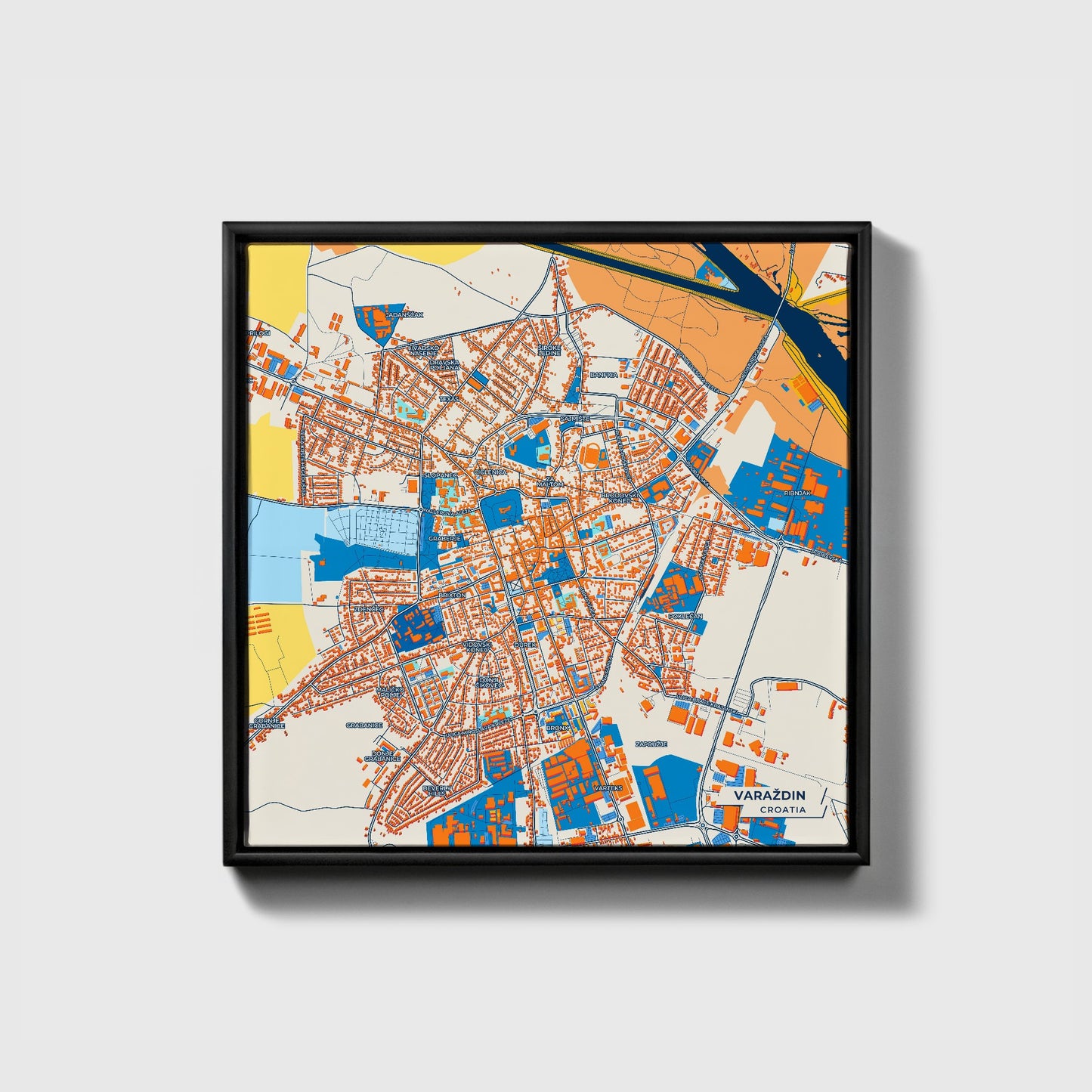 Varaždin Croatia Colorful City Map Canvas Print • Black Framed