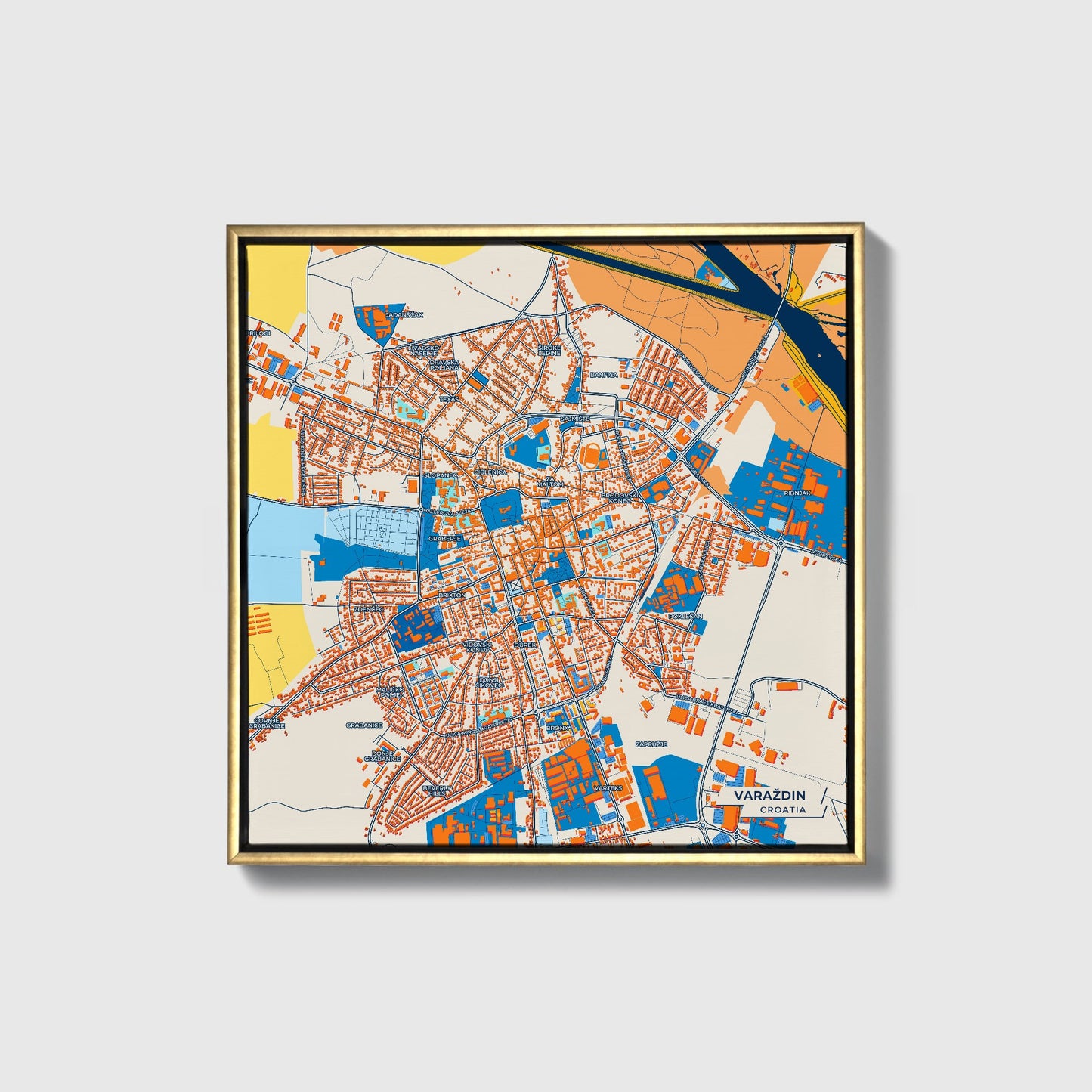 Varaždin Croatia Colorful City Map Canvas Print • Gold Framed