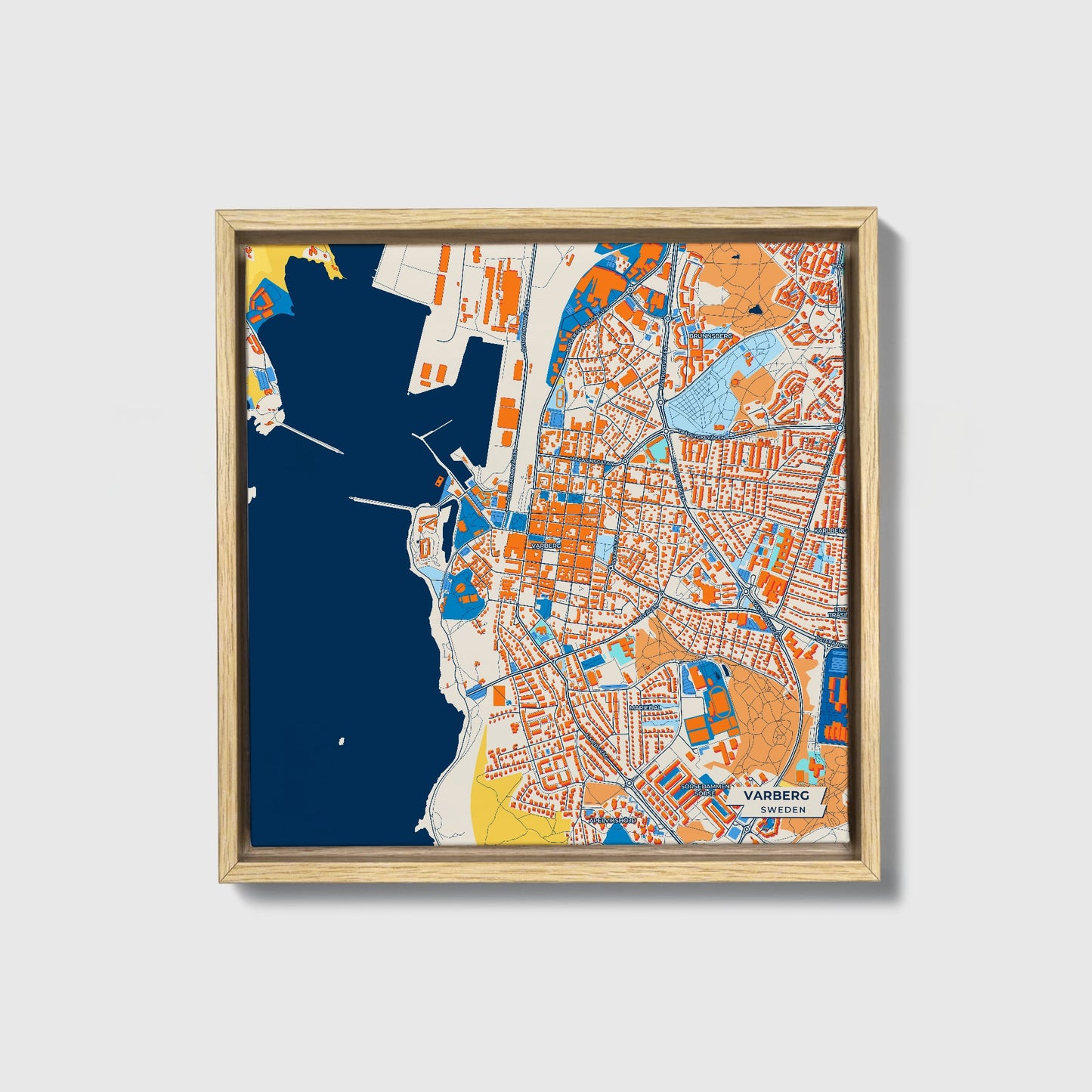 Varberg Sweden Colorful City Map Canvas Print • Natural Wooden Framed