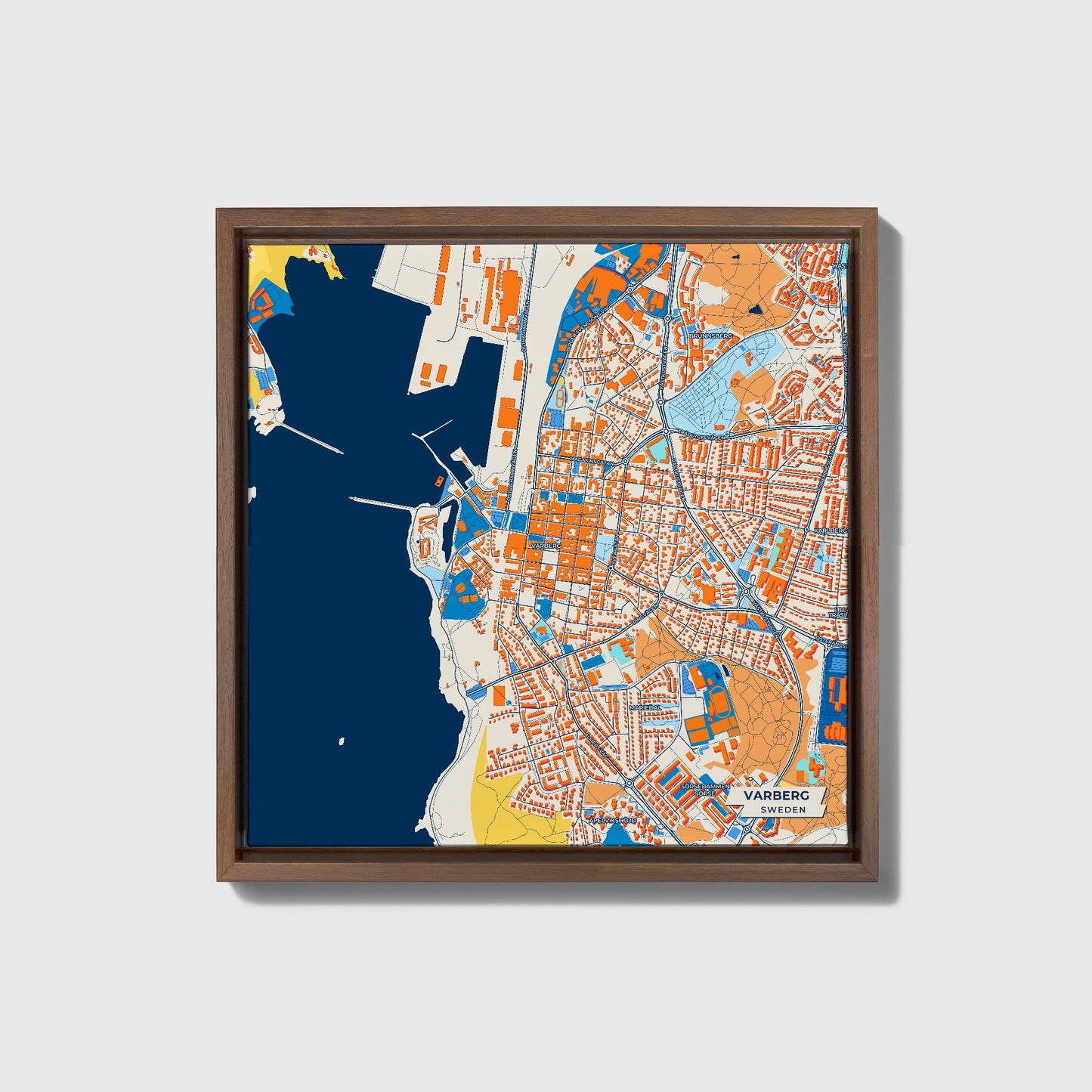 Varberg Sweden Colorful City Map Canvas Print • Dark Wooden Framed