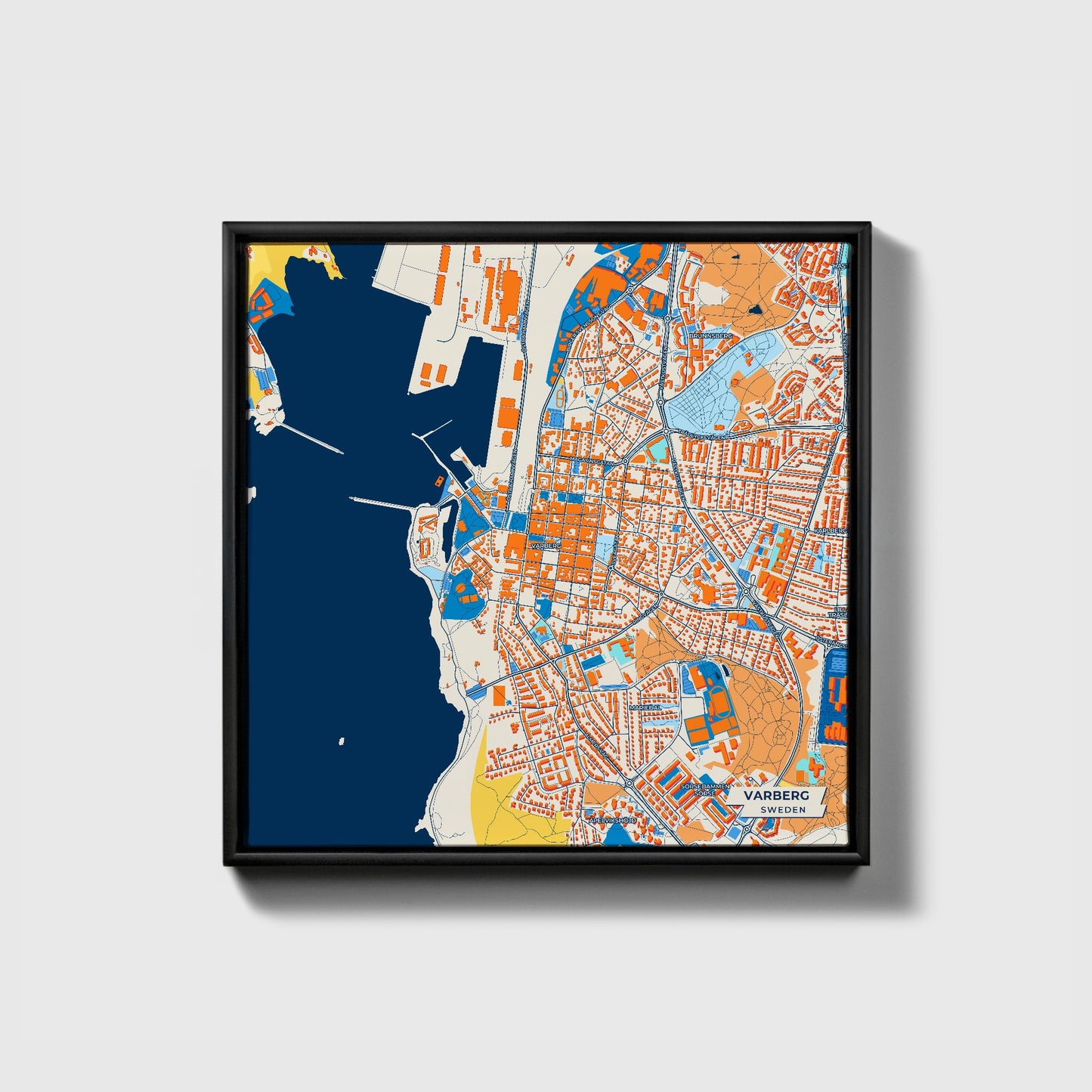 Varberg Sweden Colorful City Map Canvas Print • Black Framed