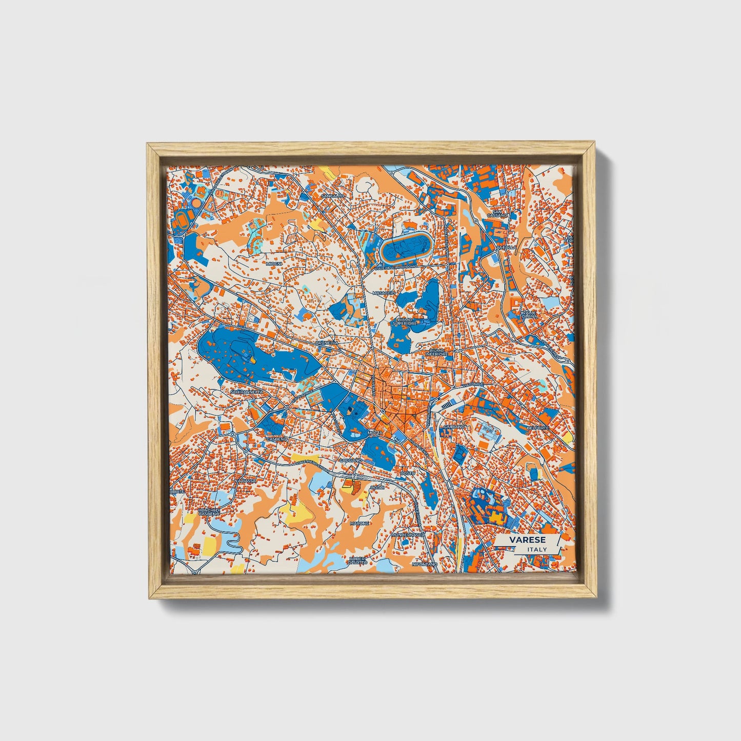 Varese Italy Colorful City Map Canvas Print • Natural Wooden Framed