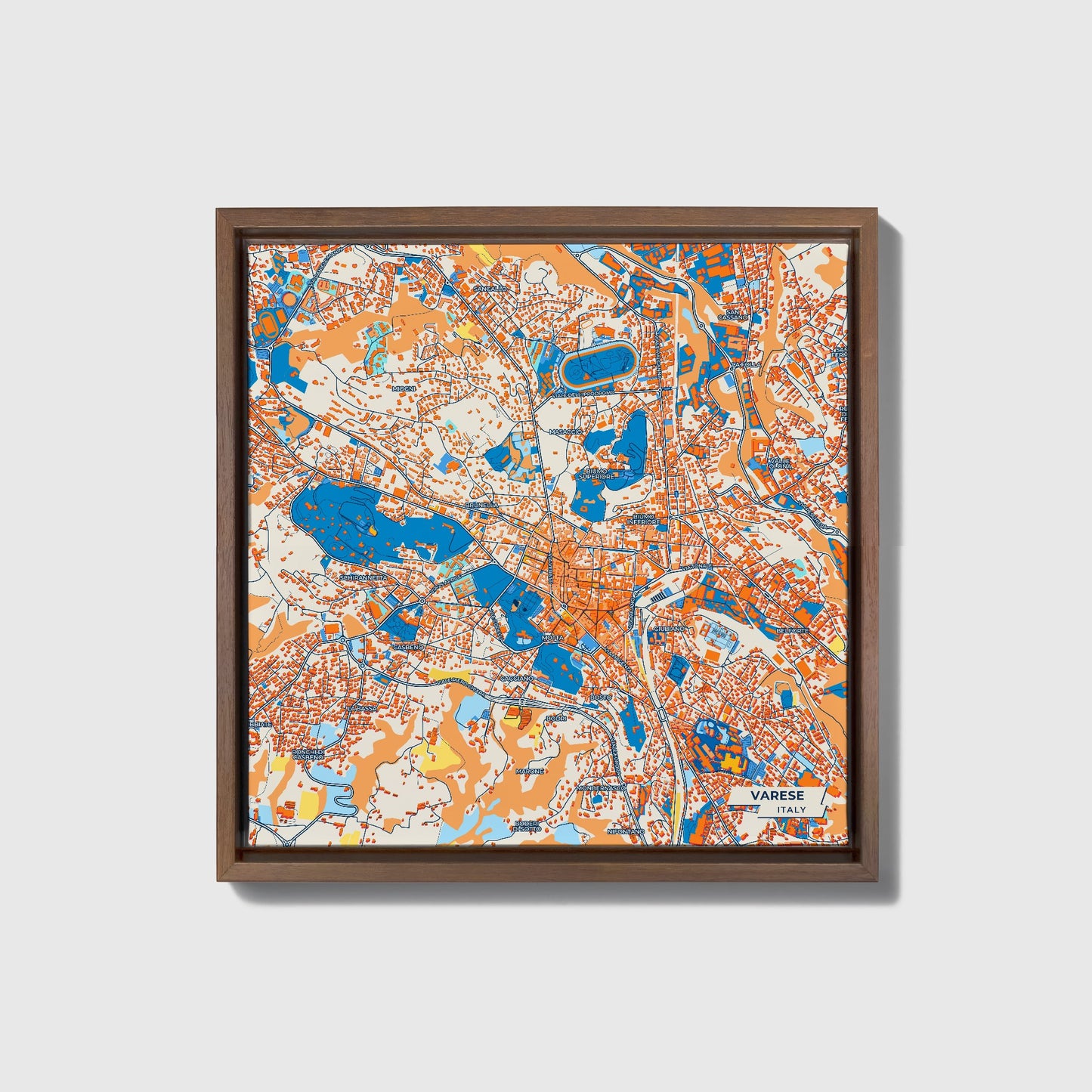 Varese Italy Colorful City Map Canvas Print • Dark Wooden Framed
