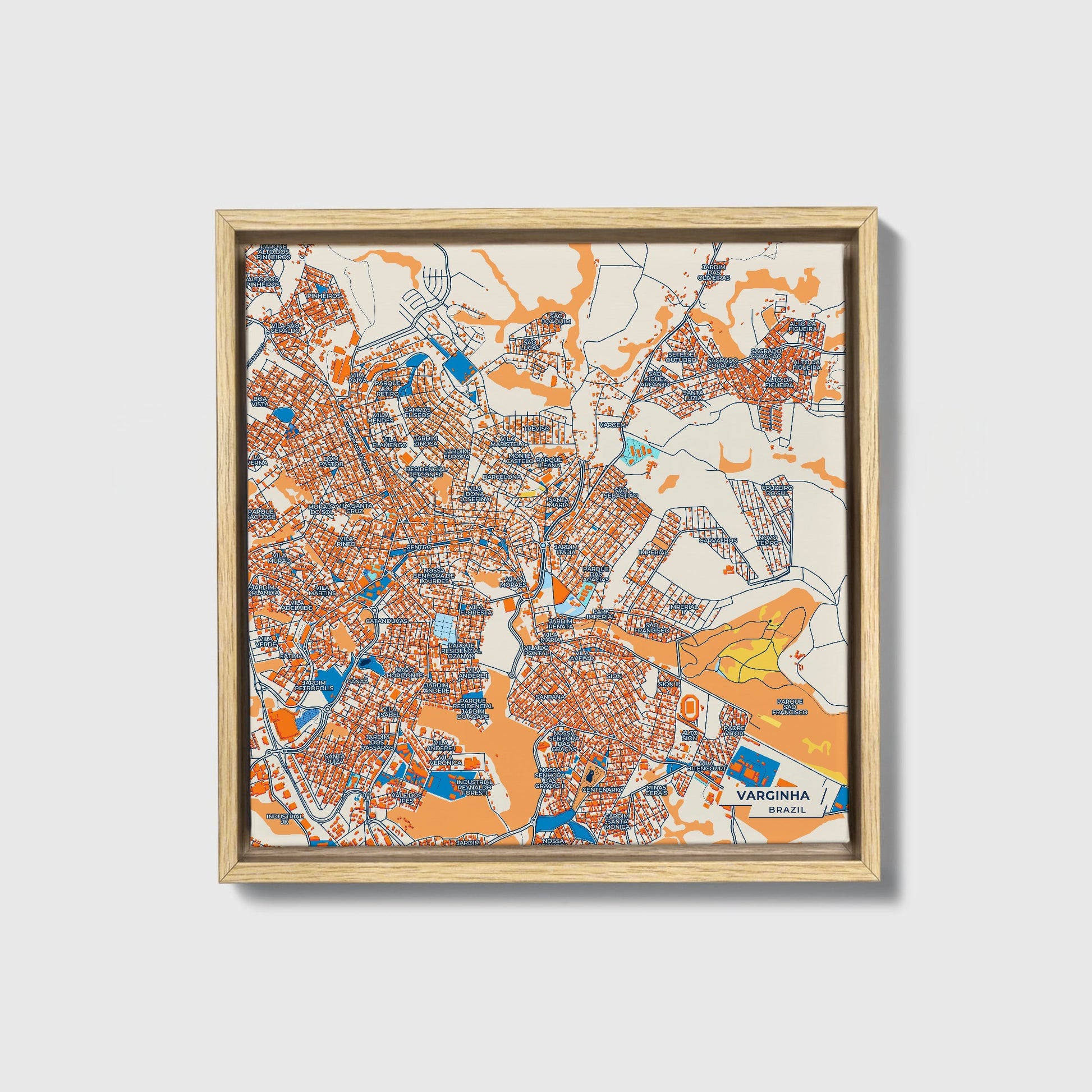 Varginha Brazil Colorful City Map Canvas Print • Natural Wooden Framed