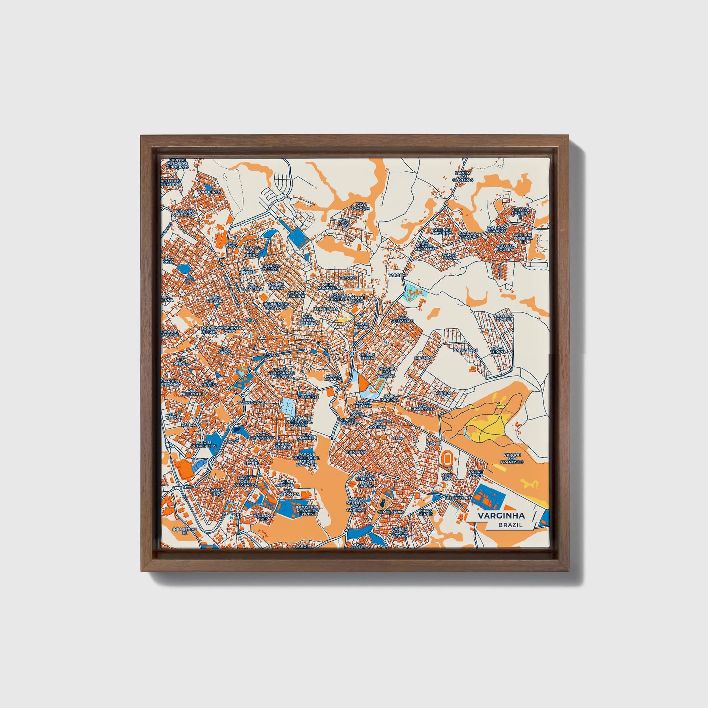 Varginha Brazil Colorful City Map Canvas Print • Dark Wooden Framed