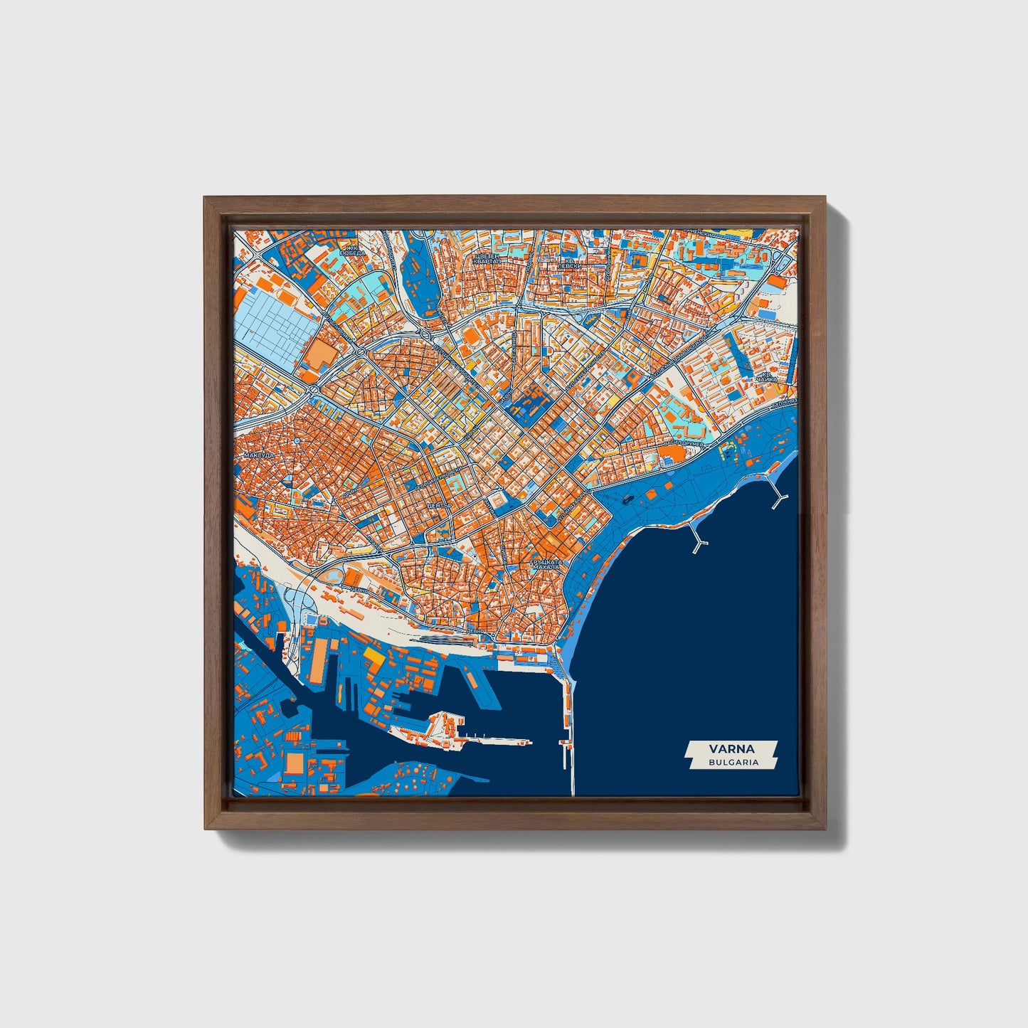 Варна Bulgaria Colorful City Map Canvas Print • Dark Wooden Framed