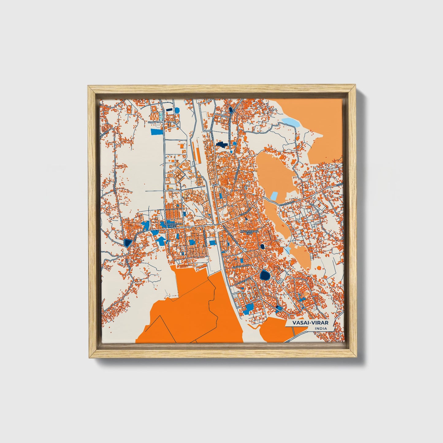 Vasai-Virar India Colorful City Map Canvas Print • Natural Wooden Framed