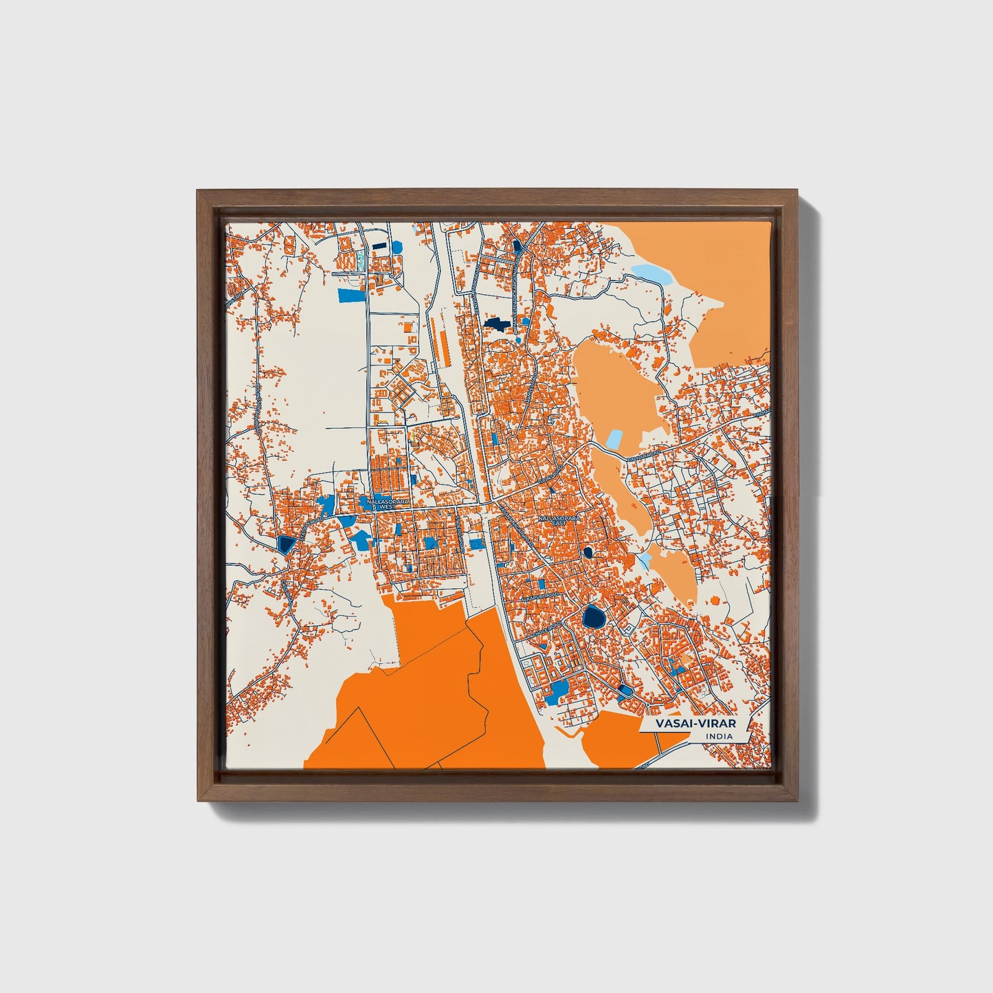 Vasai-Virar India Colorful City Map Canvas Print • Dark Wooden Framed
