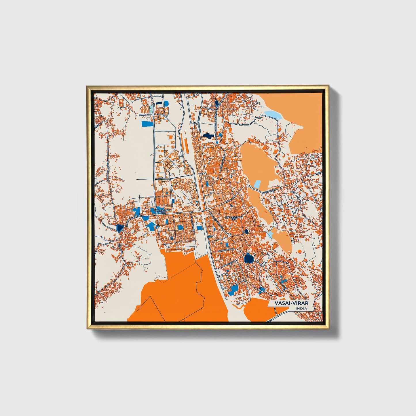 Vasai-Virar India Colorful City Map Canvas Print • Gold Framed