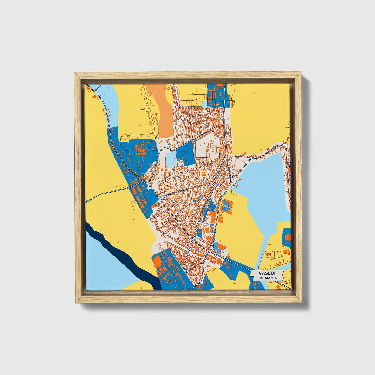 Vaslui Romania Colorful City Map Canvas Print • Natural Wooden Framed
