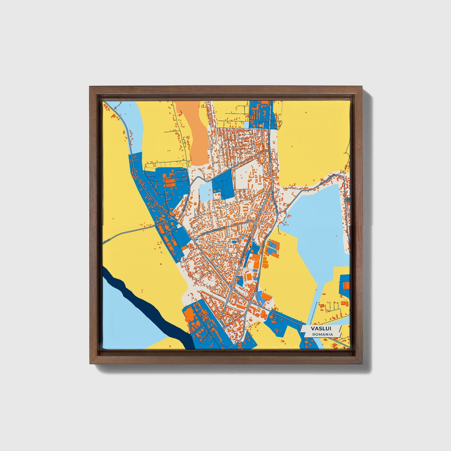 Vaslui Romania Colorful City Map Canvas Print • Dark Wooden Framed