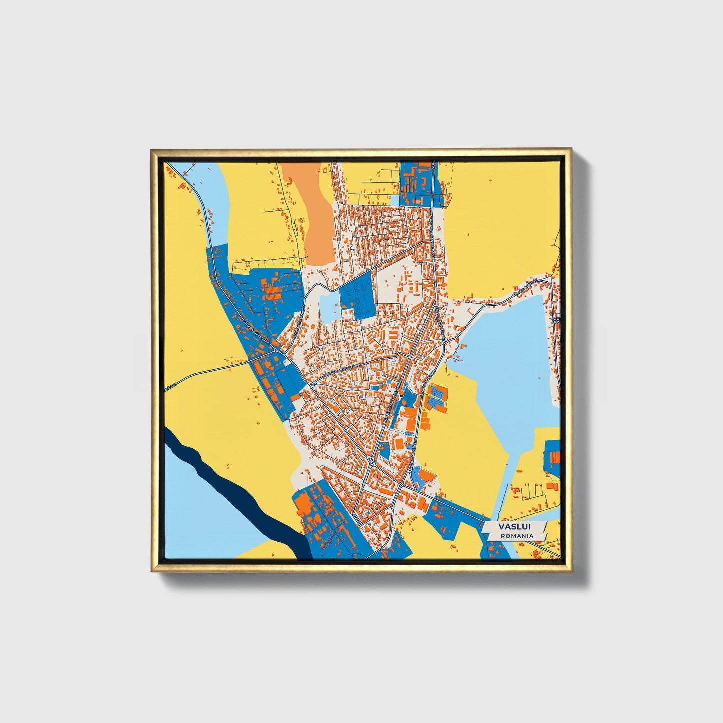 Vaslui Romania Colorful City Map Canvas Print • Gold Framed