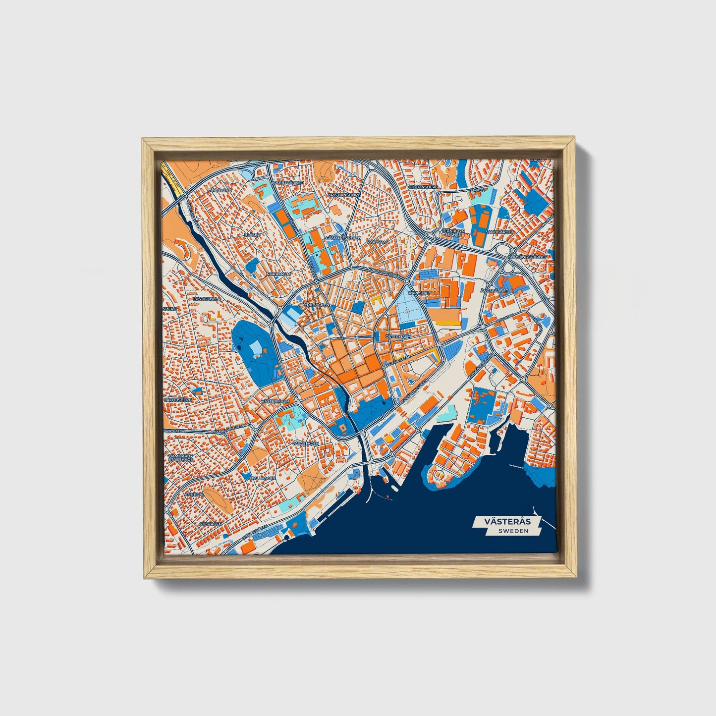 Västerås Sweden Colorful City Map Canvas Print • Natural Wooden Framed