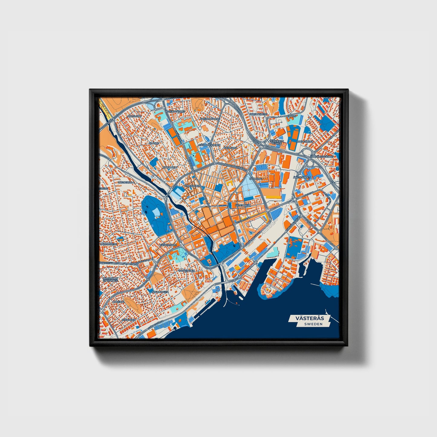 Västerås Sweden Colorful City Map Canvas Print • Black Framed