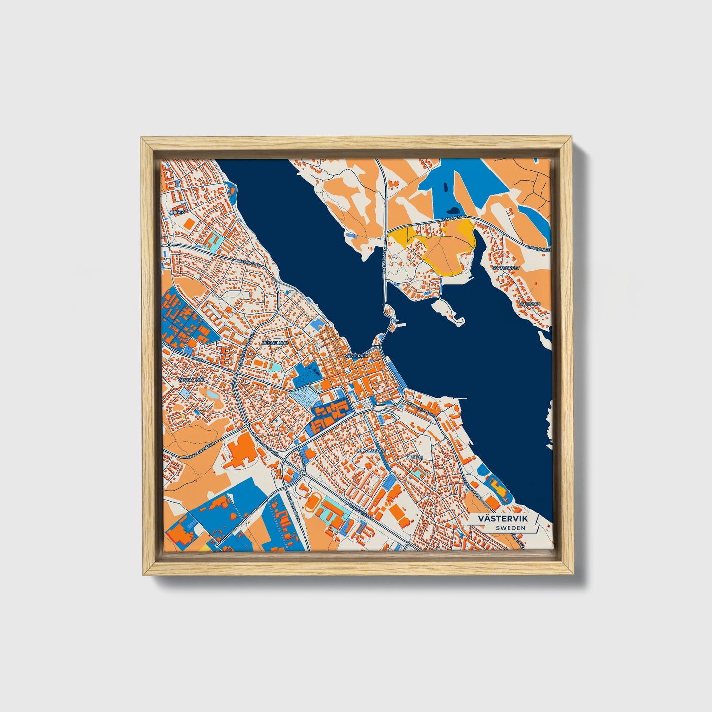 Västervik Sweden Colorful City Map Canvas Print • Natural Wooden Framed