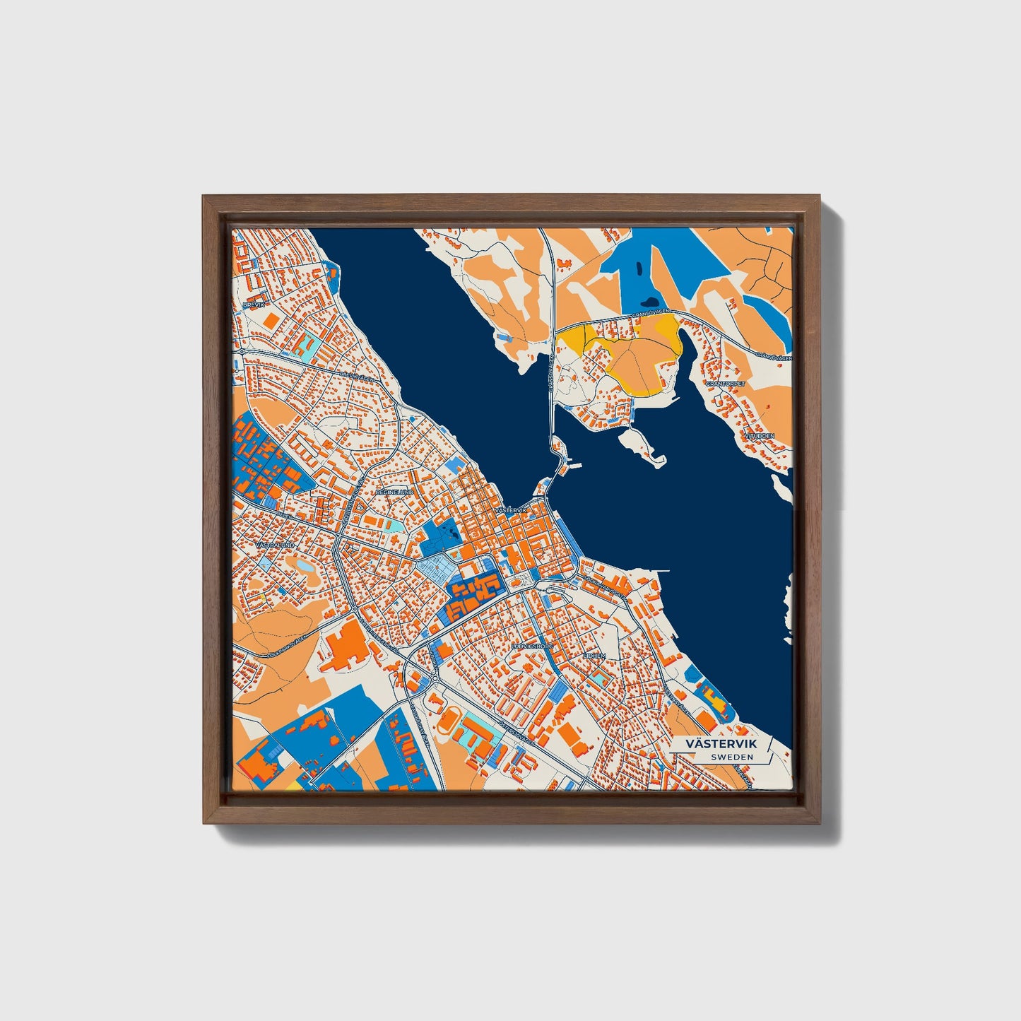 Västervik Sweden Colorful City Map Canvas Print • Dark Wooden Framed