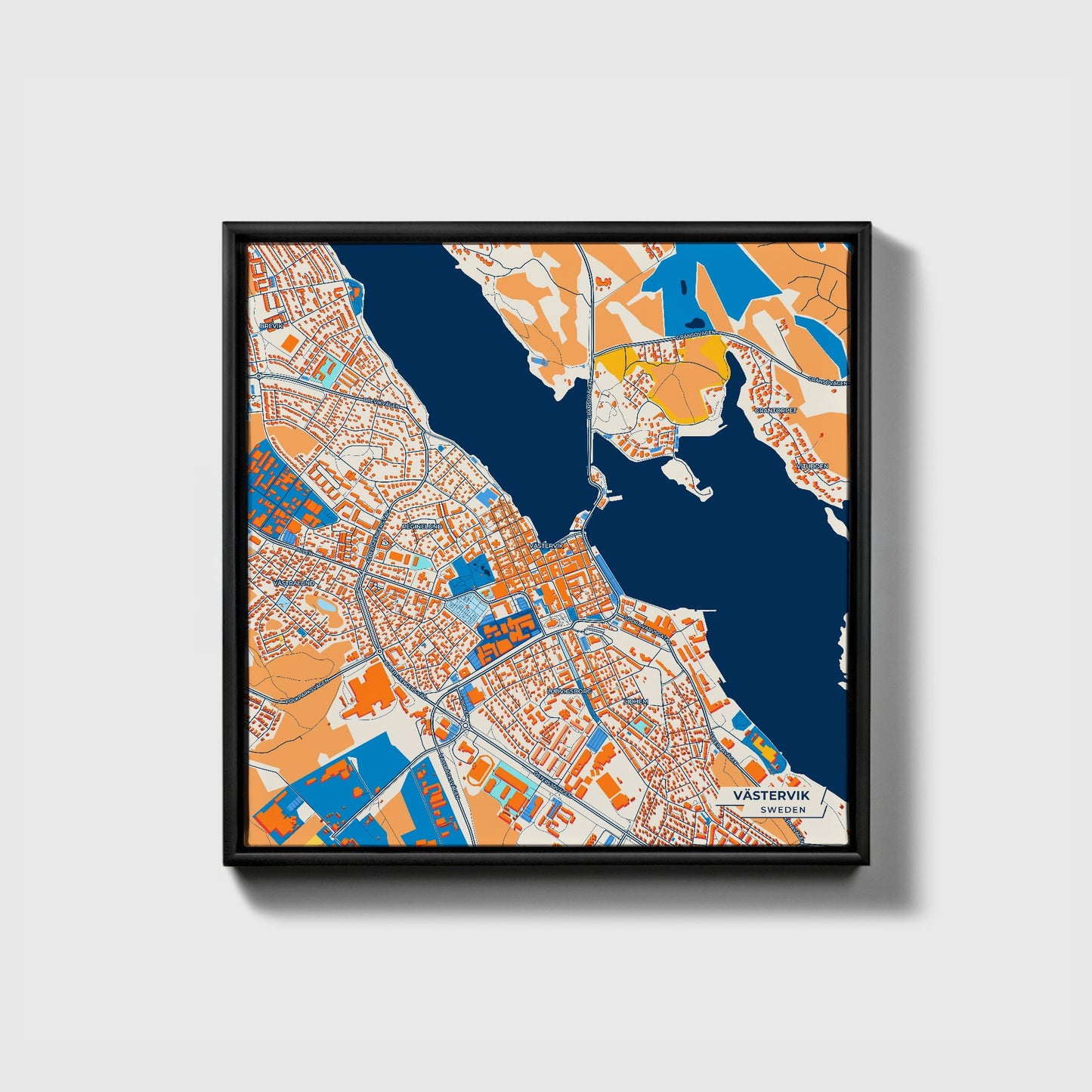 Västervik Sweden Colorful City Map Canvas Print • Black Framed