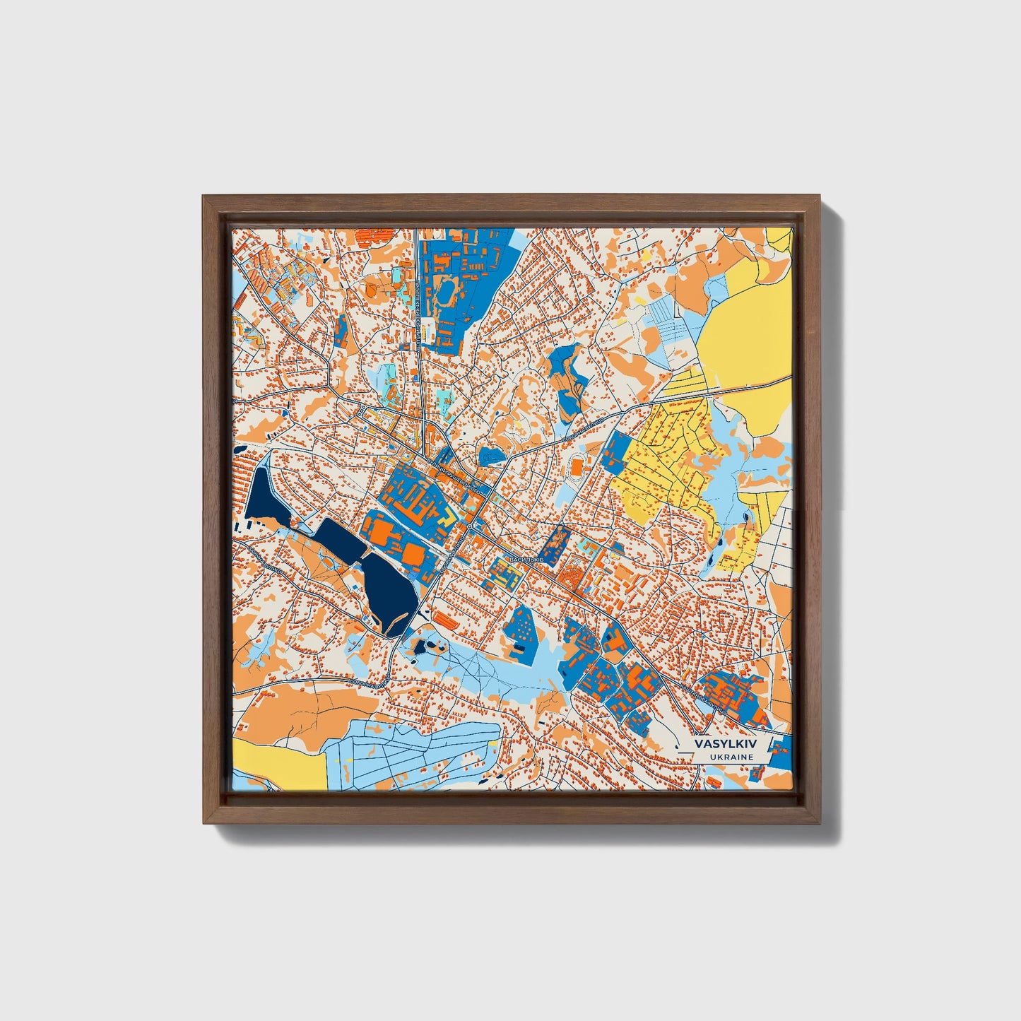 Василків Ukraine Colorful City Map Canvas Print • Dark Wooden Framed